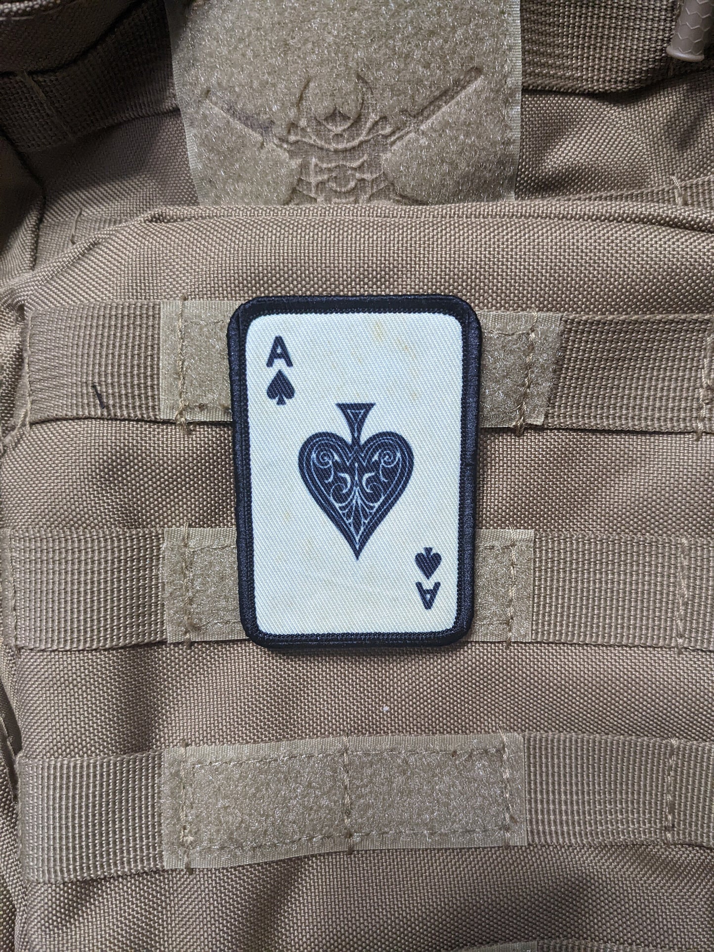 Distressed ACE OF SPADES army military navy funny 2"x3" morale patch with hook and loop backing green background