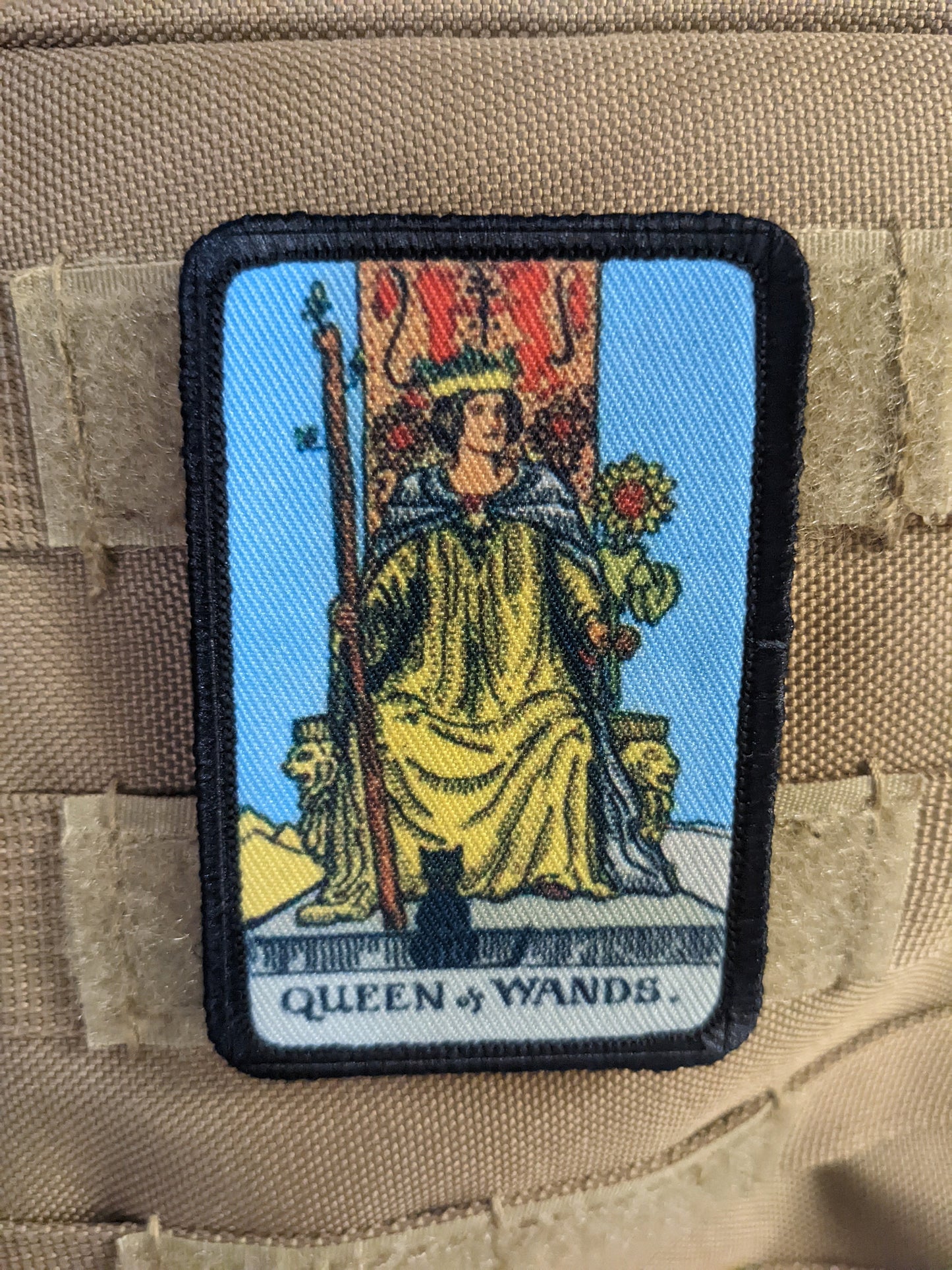Queen of wands tarot card special forces military 2"x3" morale patch with hook and loop backing