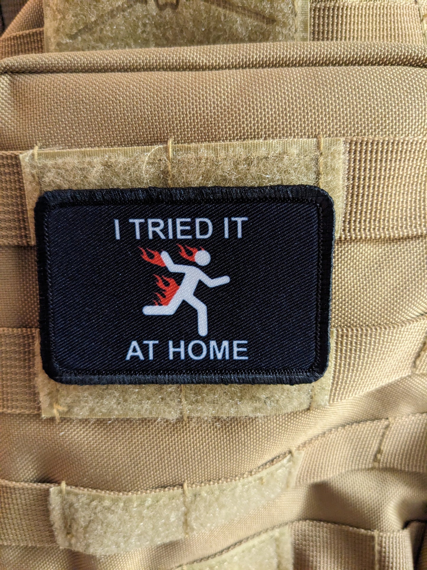 Don't try this at home joke meme 2"x3" morale patch with hook and loop backing