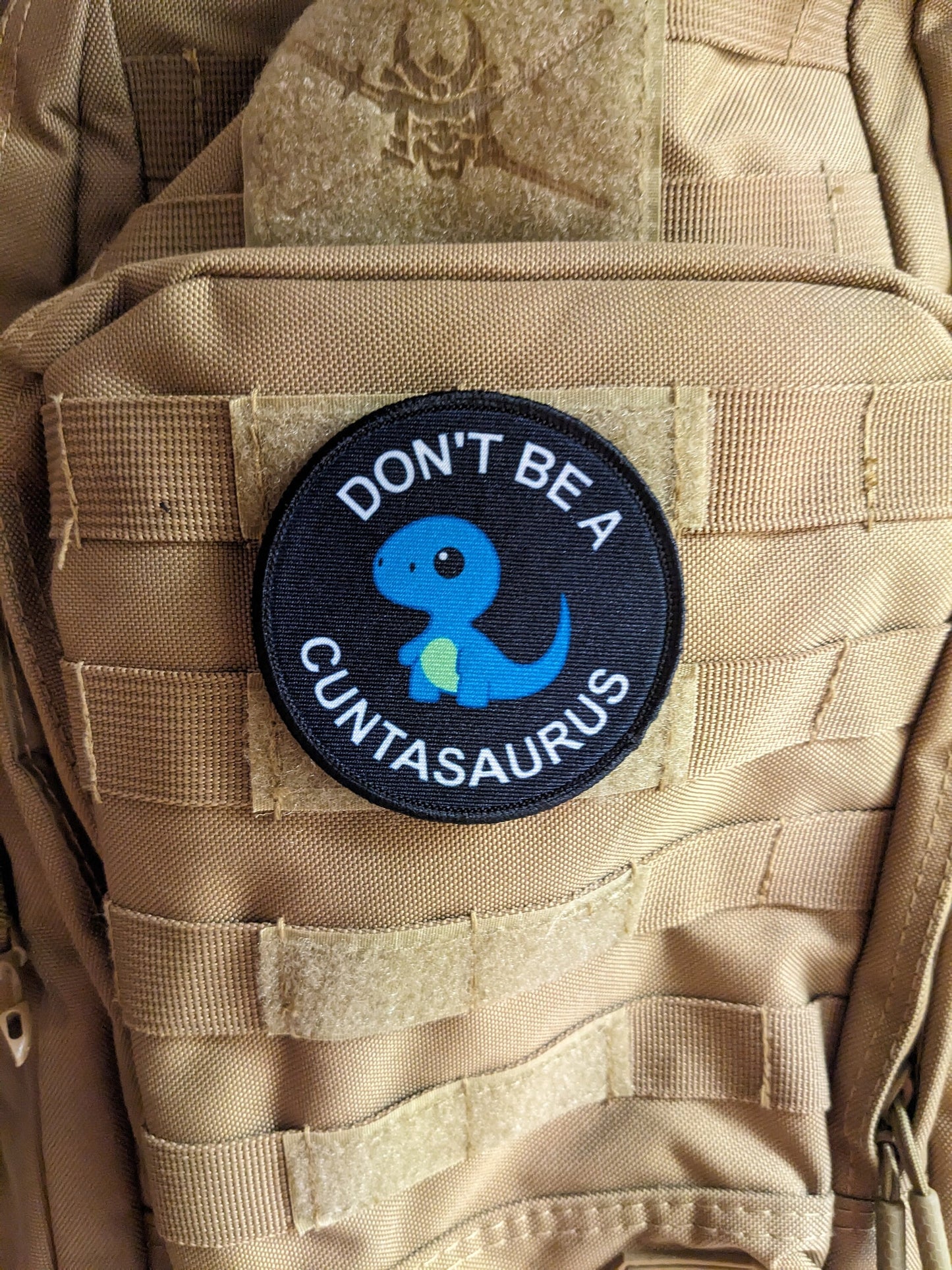 Don't be a cuntasaurus dinosaur meme 3" circle removable morale patch with hook and loop backing