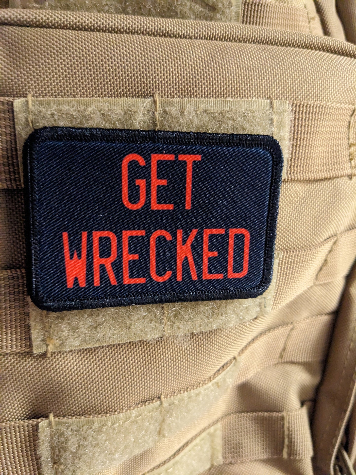 Get wrecked 2"x3" morale patch with hook and loop backing