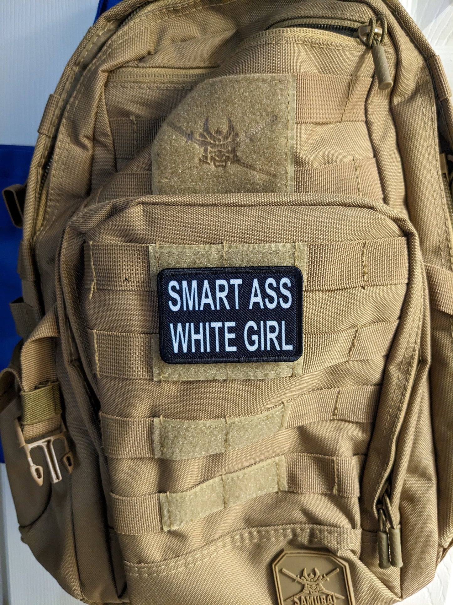 Smart ass white girl meme 2"x3" removable morale patch with hook and loop backing
