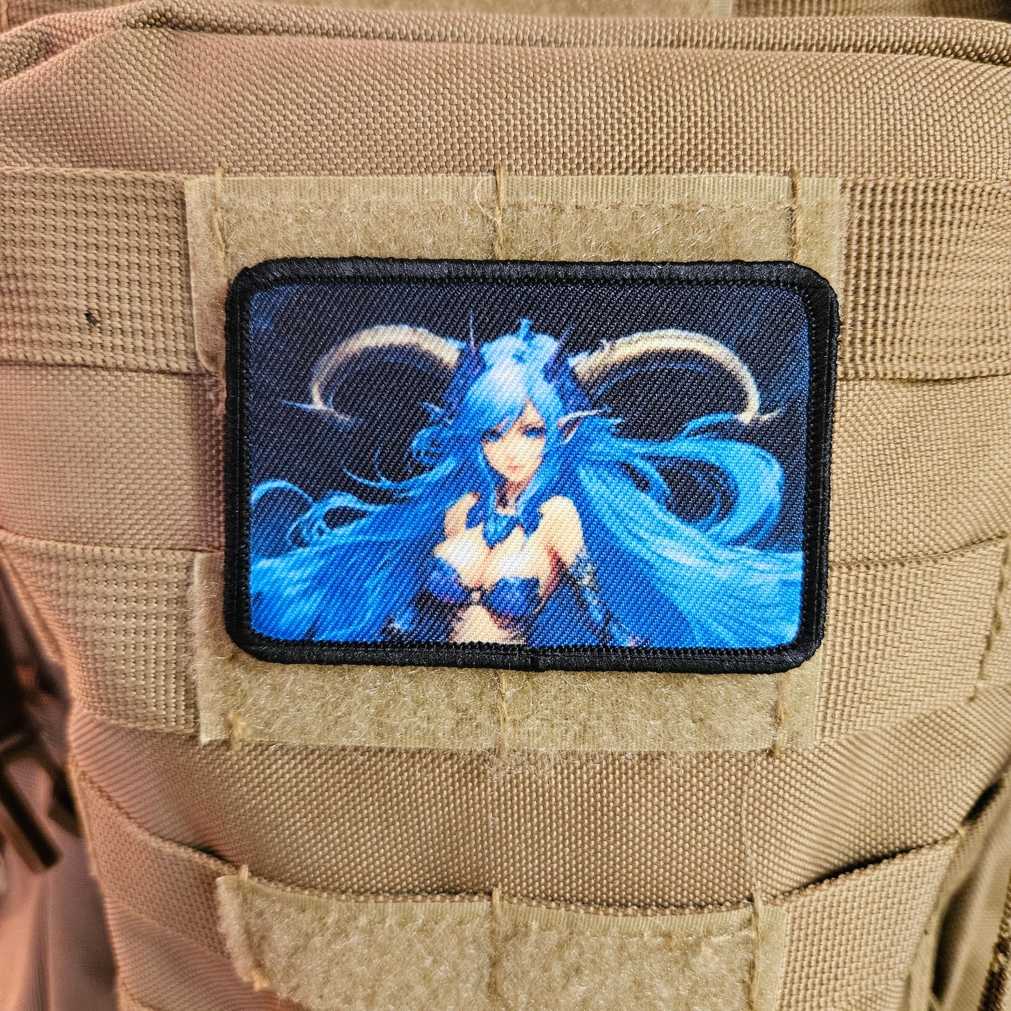 Blue haired succubus waifu Sexy Anime girl cleavage bikini 2"x3" removable morale patch with hook and loop backing