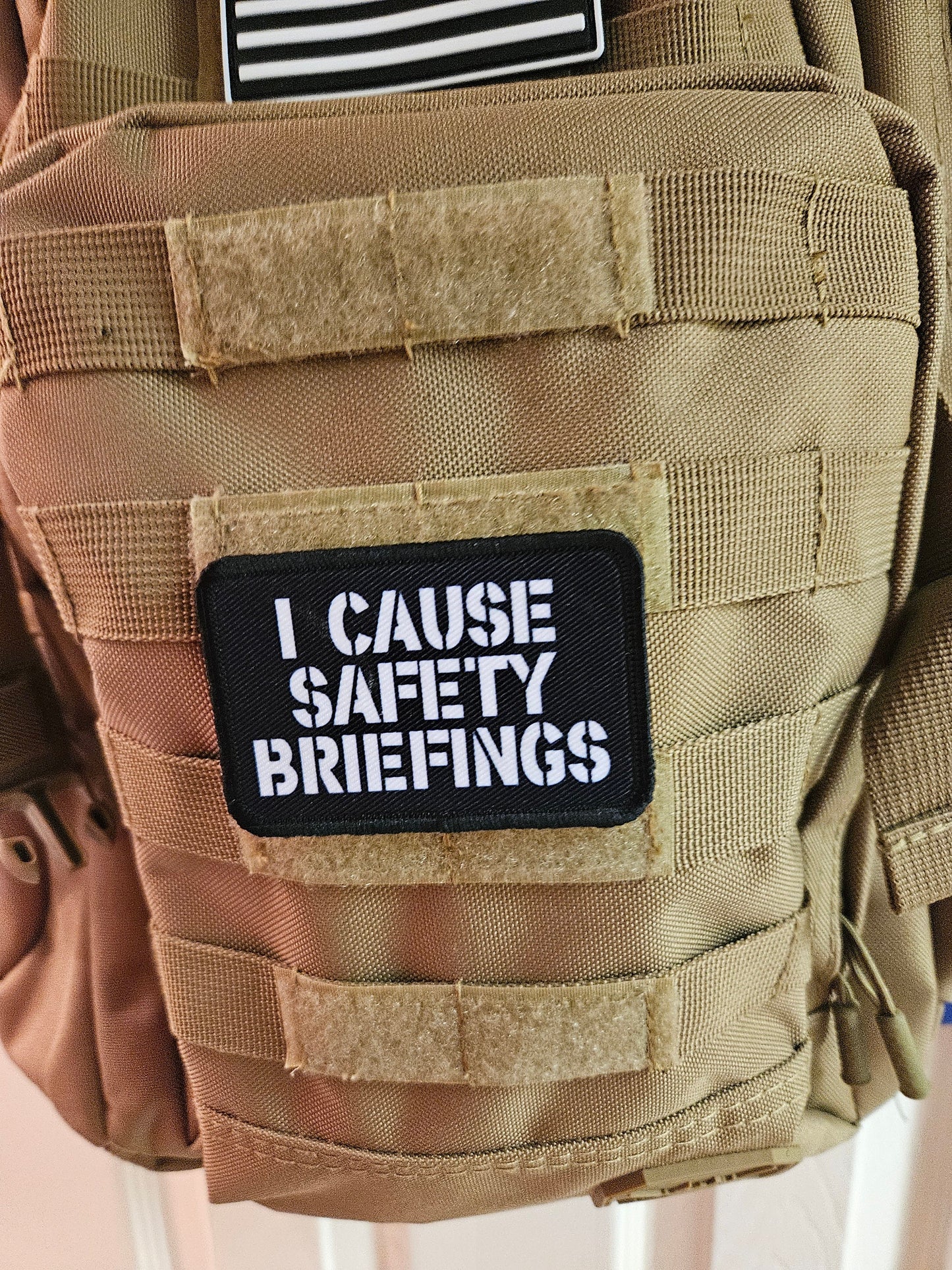 I cause safety briefings funny meme edc black 2"x3" morale patch with hook and loop backing military joke meme