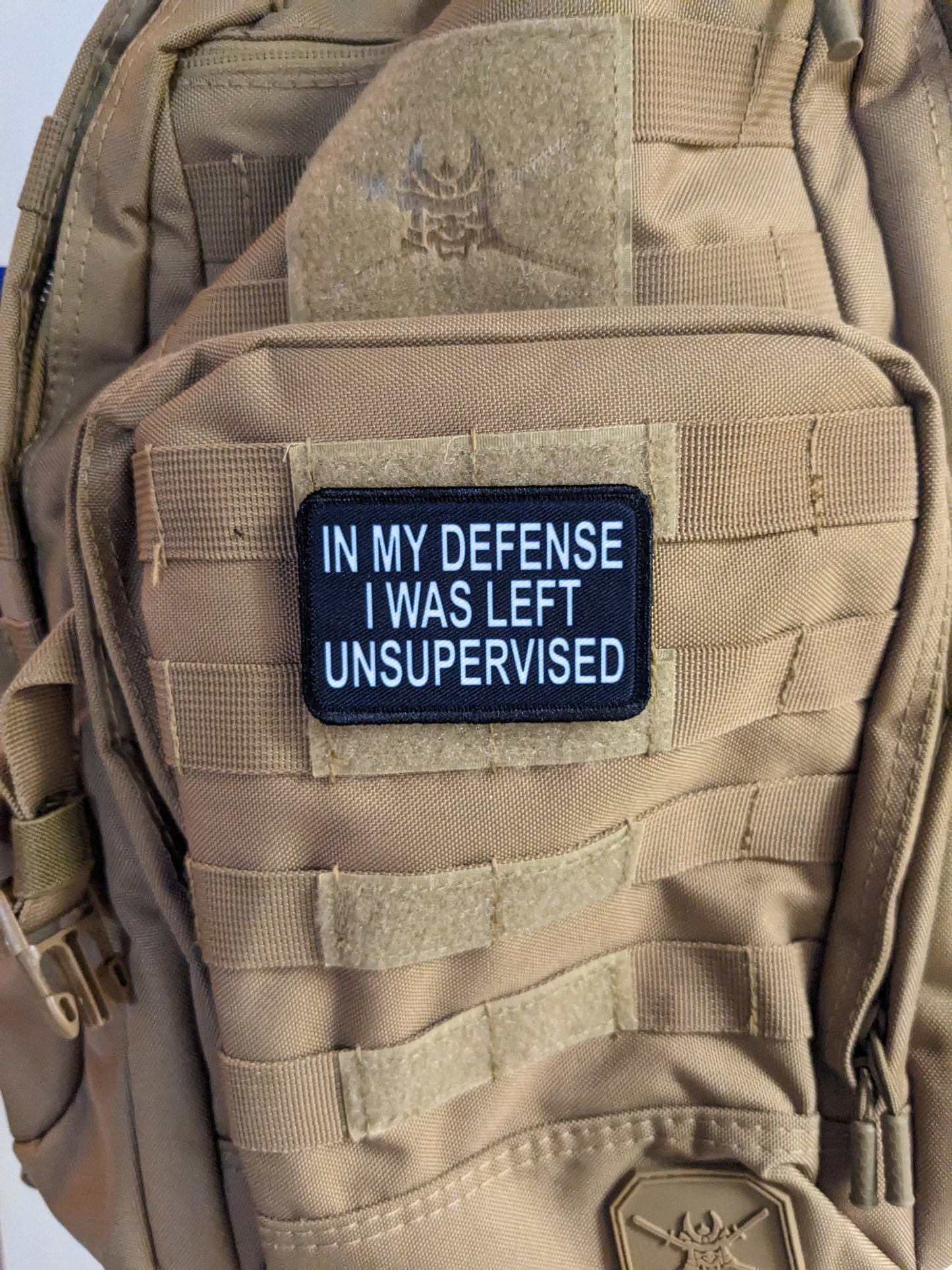 In My Defense I was left Unsupervised removable patch 2"x3" morale patch with hook and loop backing BW