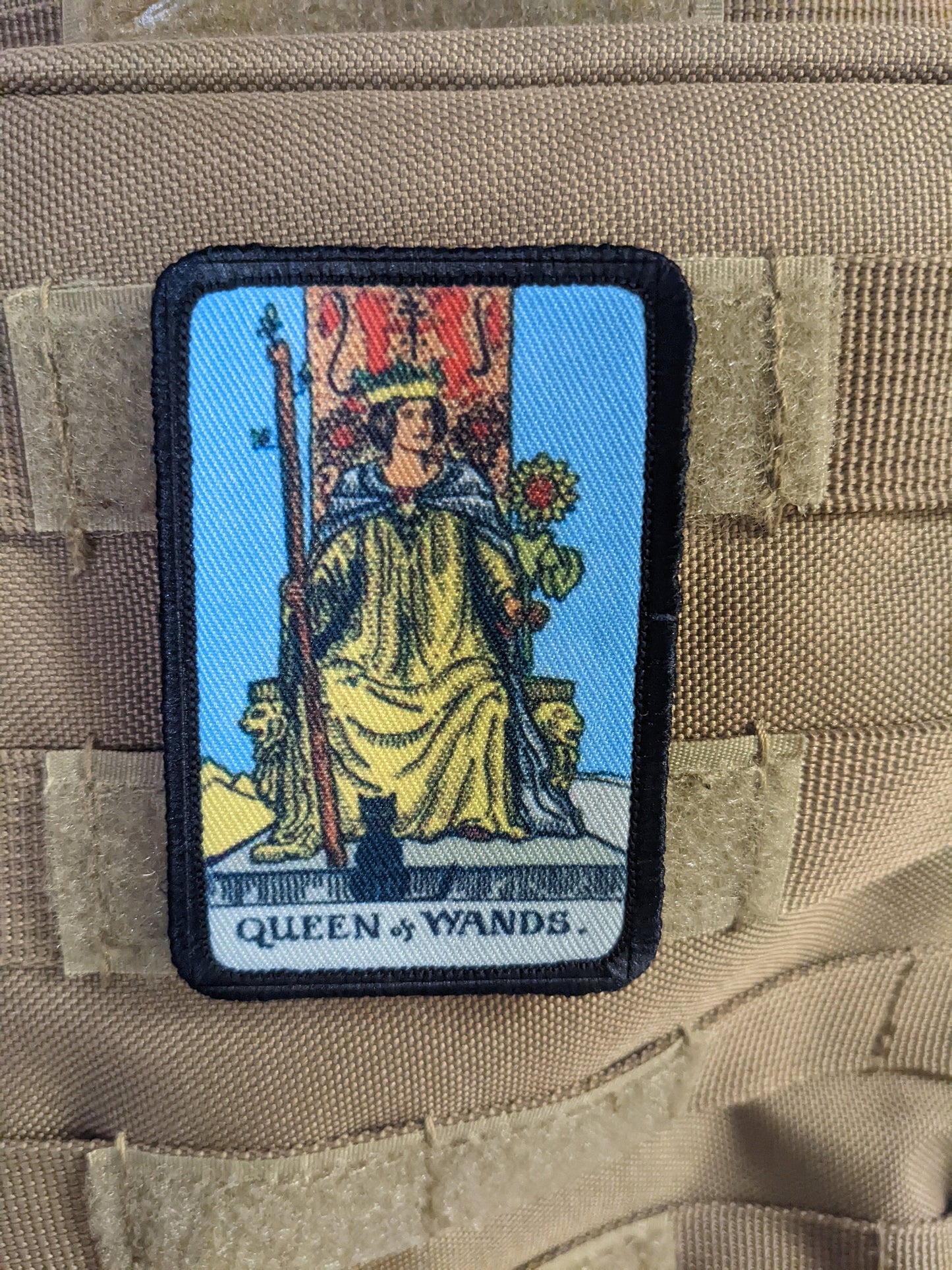 Queen of wands tarot card special forces military 2"x3" morale patch with hook and loop backing