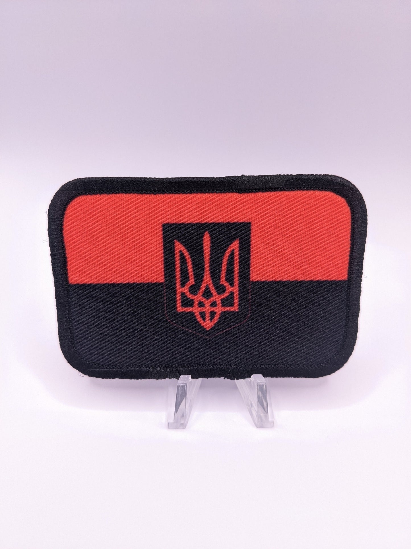 Red on black Trident Ukraine Flag Military stand with Ukraine 2"x3" morale patch with hook and loop backing