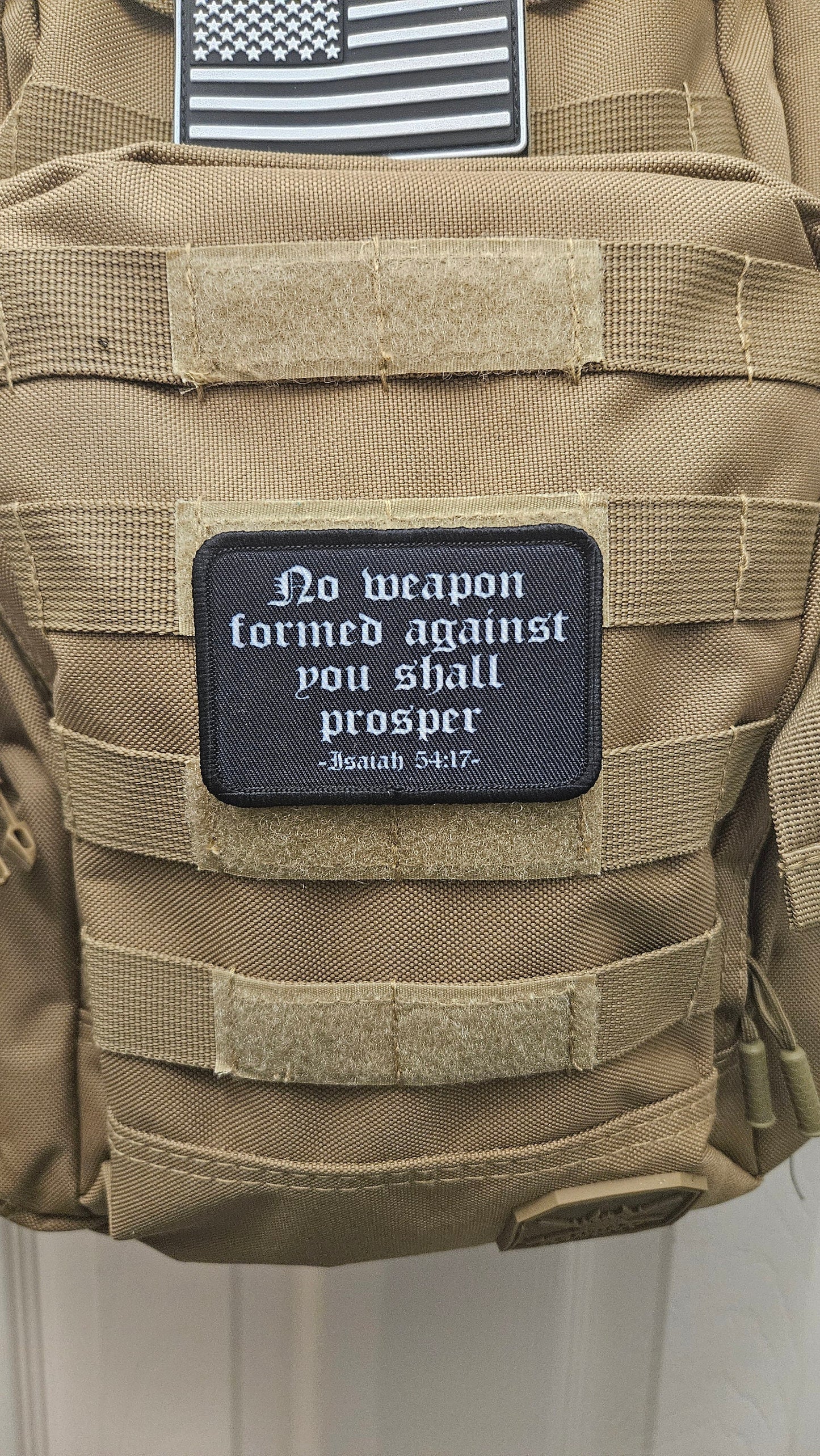 Isaiah 54:17 no weapon formed against me bible verse 2"x3" morale patch with hook and loop backing