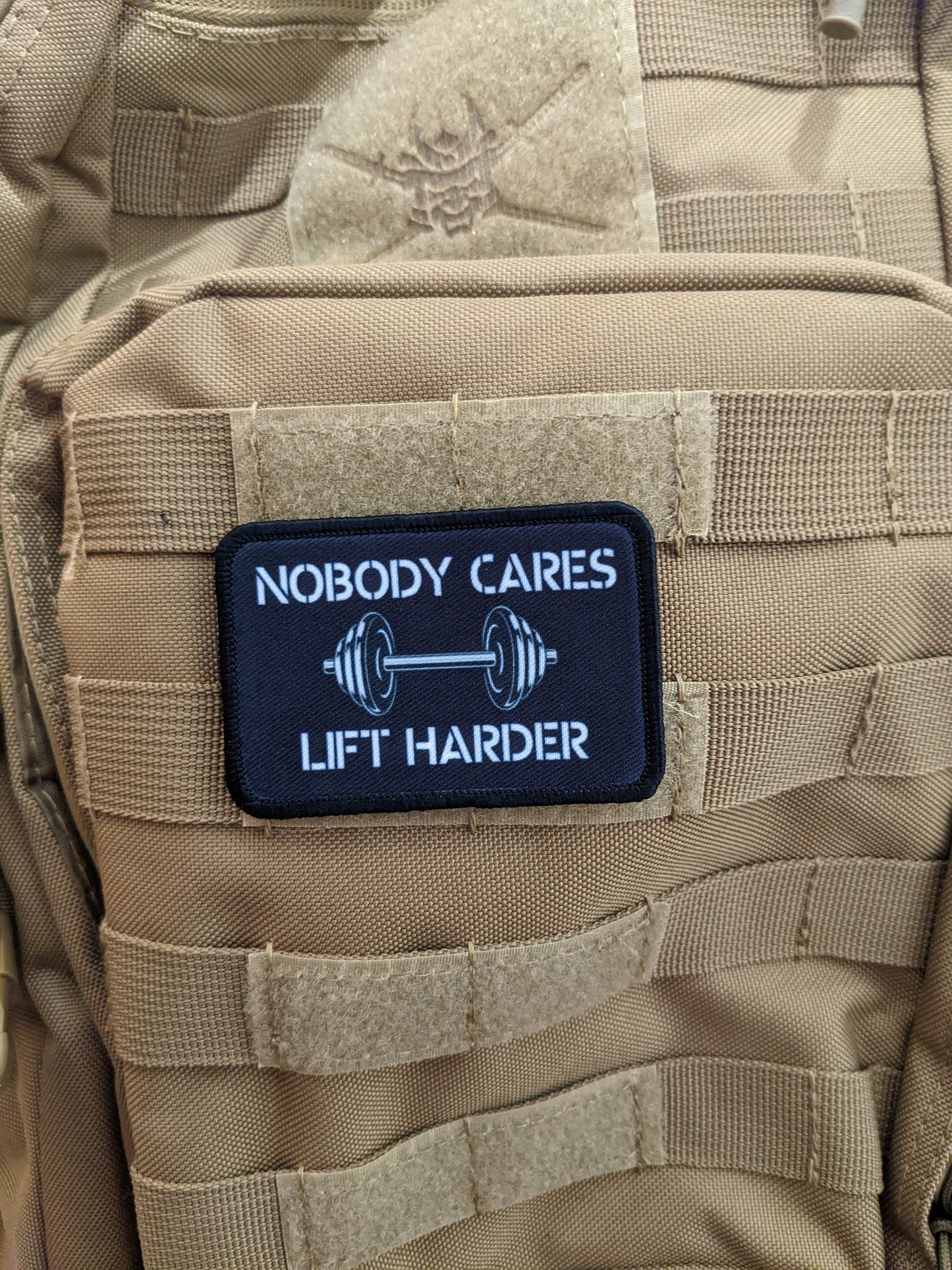 Nobody cares lift harder weightlifting bodybuilding 2"x3" morale patch with hook and loop backing
