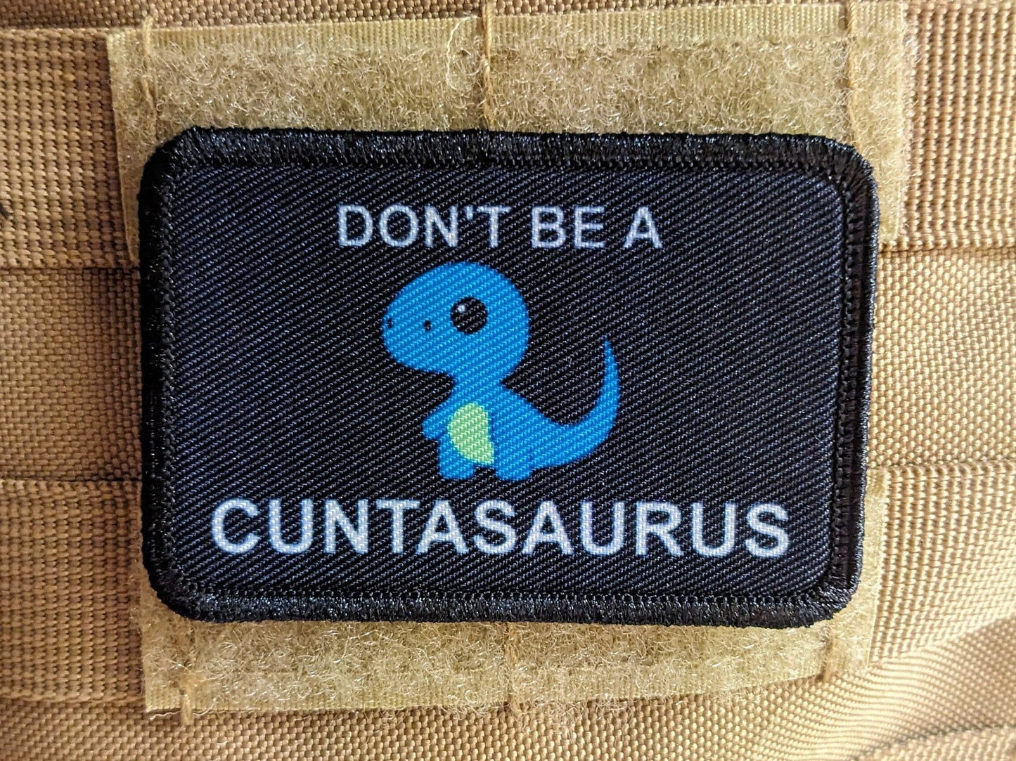 Don't be a cuntasaurus dinosaur meme 2"x3" morale patch with hook and loop backing