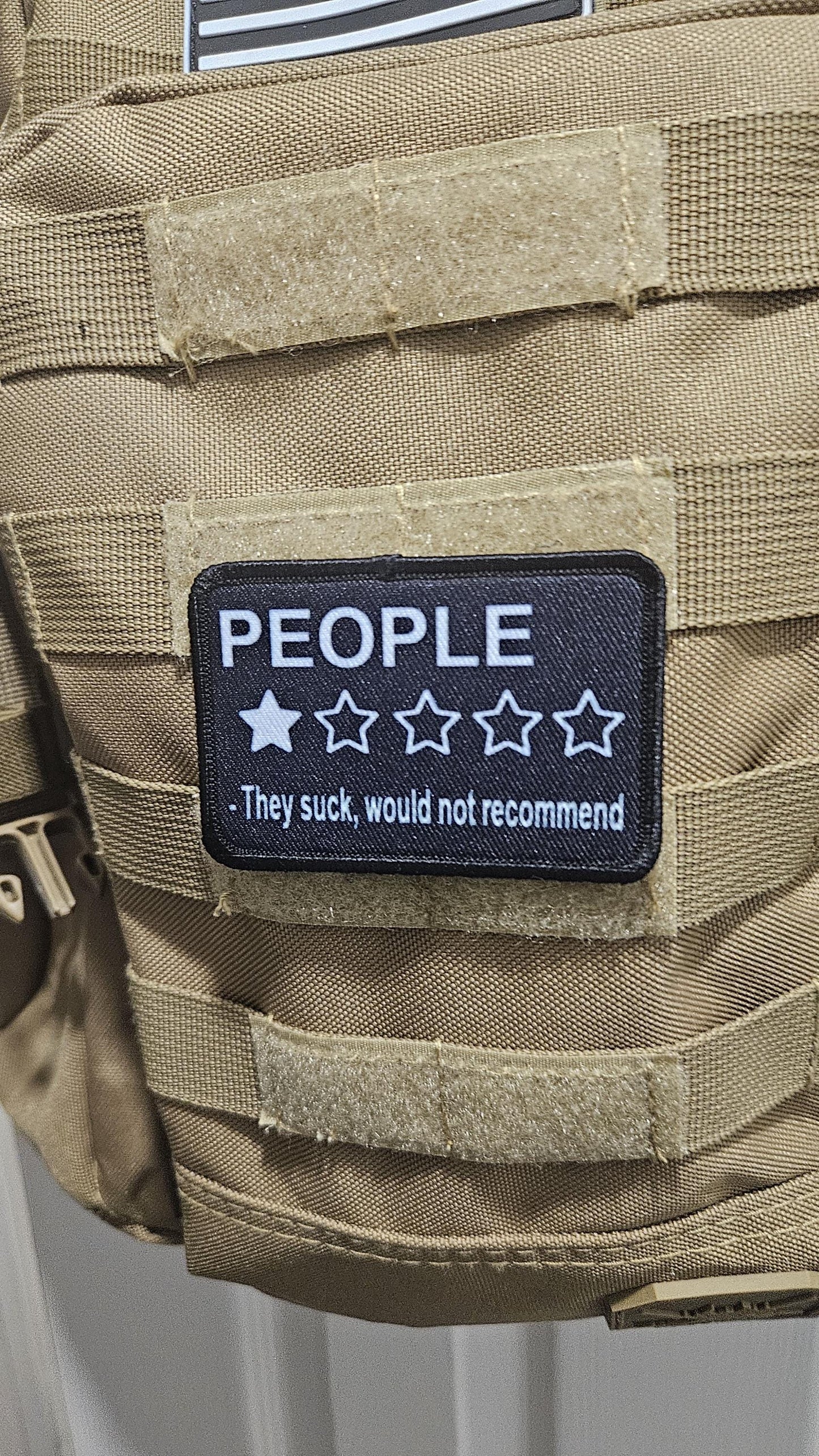 People one stare review meme 2"x3" morale patch with hook and loop backing