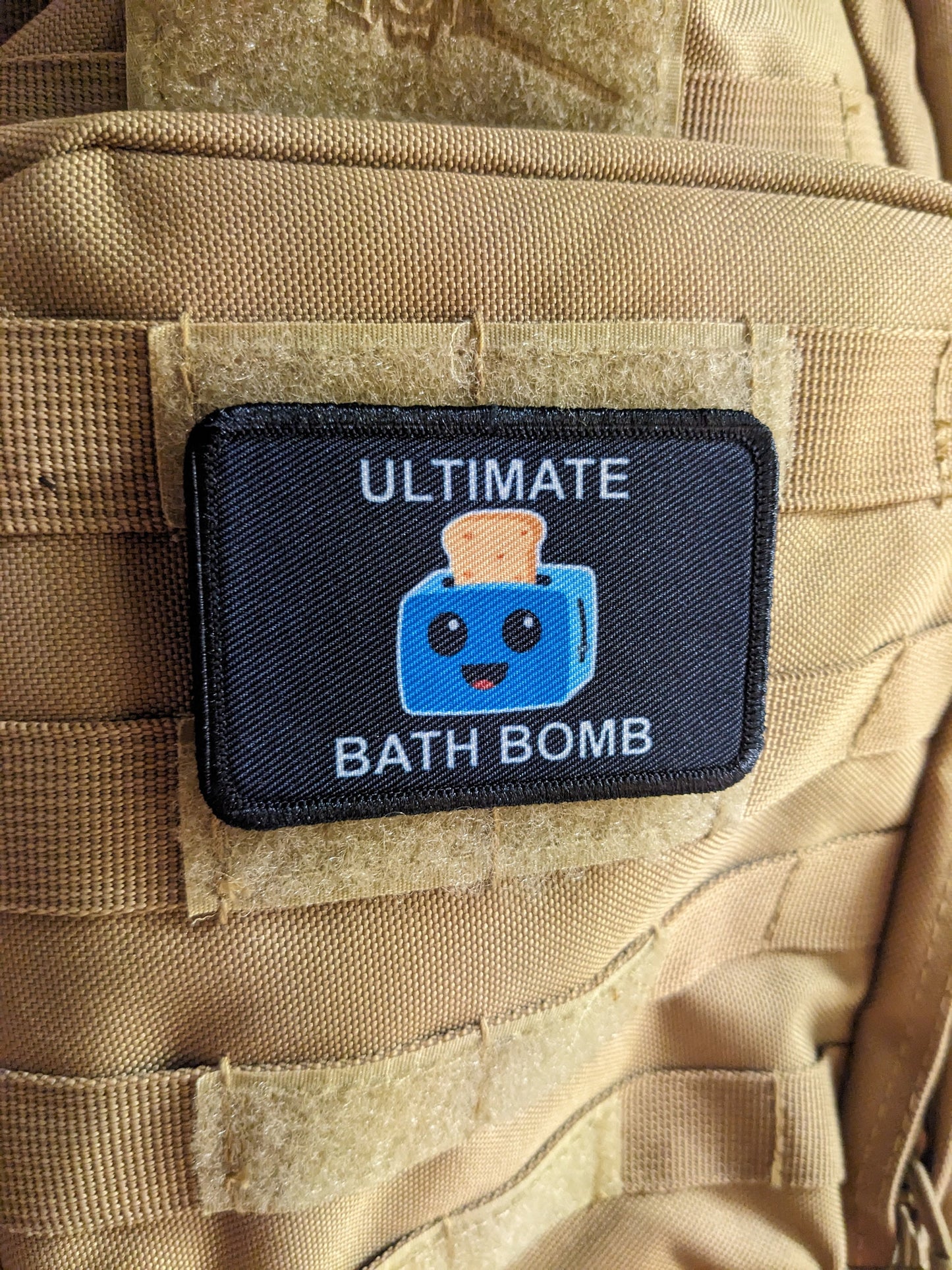 Ultimate bath bomb toaster in the bathtub meme 2"x3" morale patch with hook and loop backing