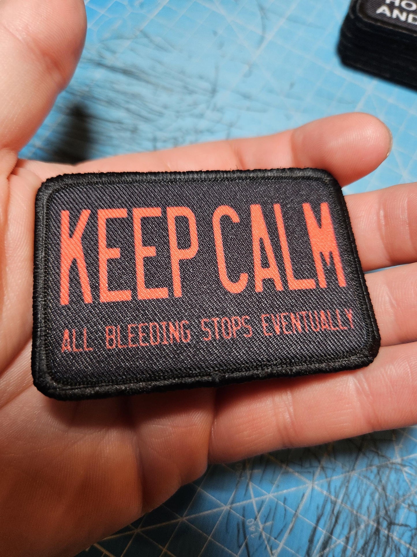 Keep calm all bleeding stops eventually first aid removable patch 2"x3" morale patch with hook and loop backing