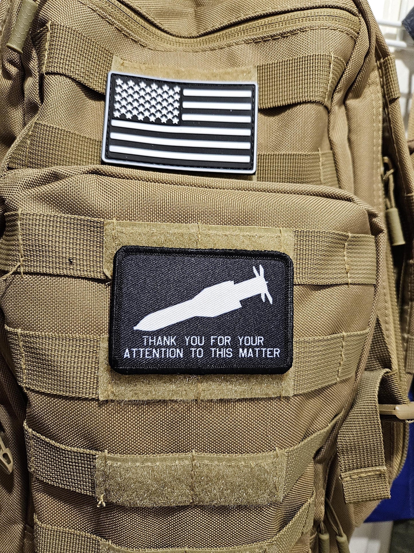 Bunker buster thank you for your attention to this matter meme 2"x3" removable morale patch with hook and loop backing