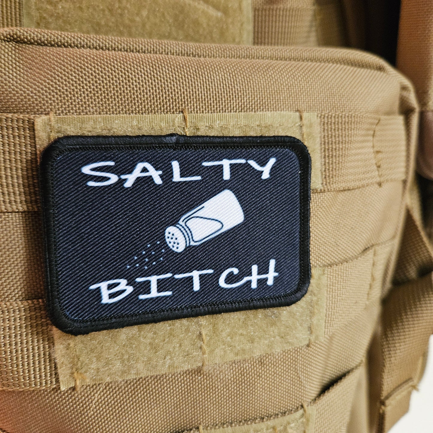 Salty bitch funny meme patch 2" x3" inch morale patch hook and loop backing black and white