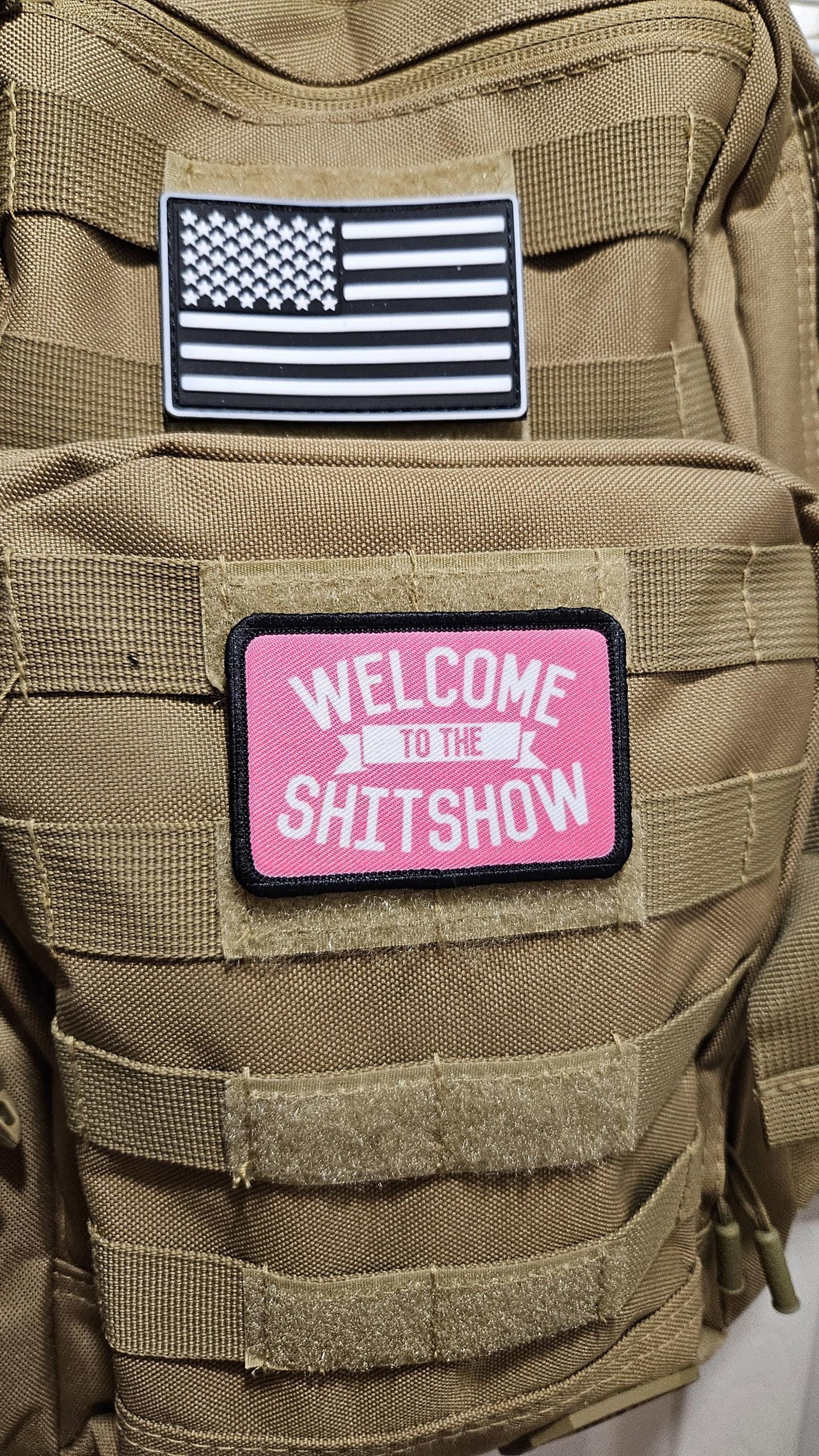 WELCOME to the SHITSHOW funny 2"x3" morale patch with hook and loop backing pink