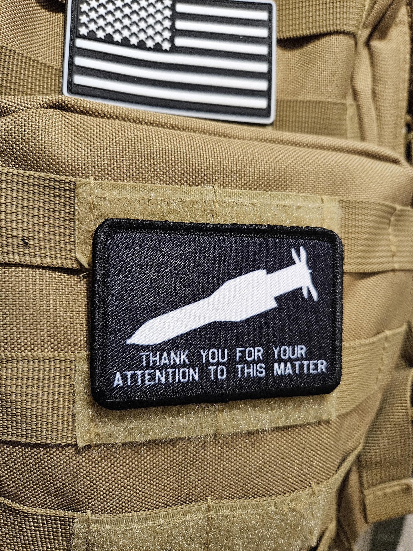 Bunker buster thank you for your attention to this matter meme 2"x3" removable morale patch with hook and loop backing