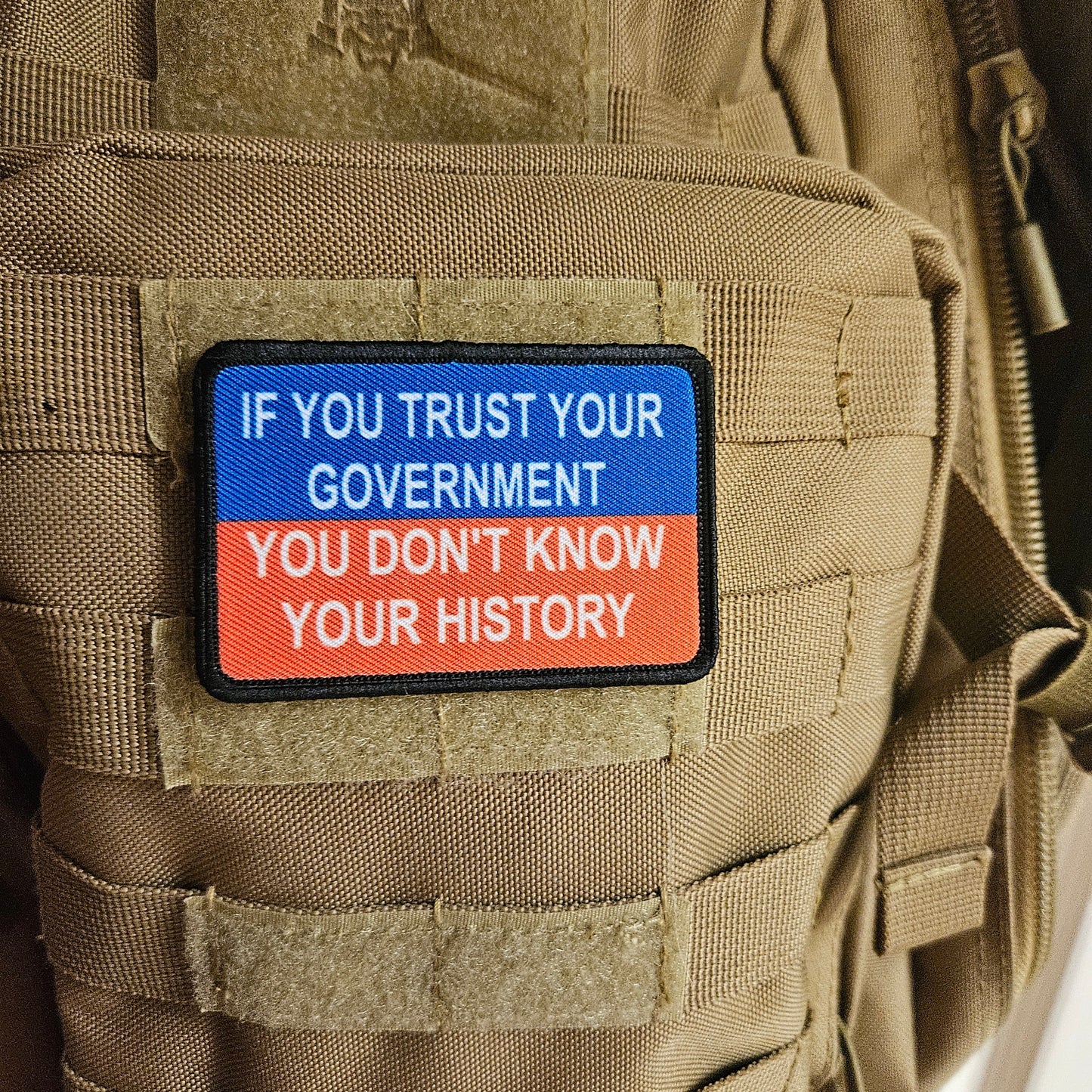 If you trust your government you dont know your history meme 2"x3" removable morale patch with hook and loop backing