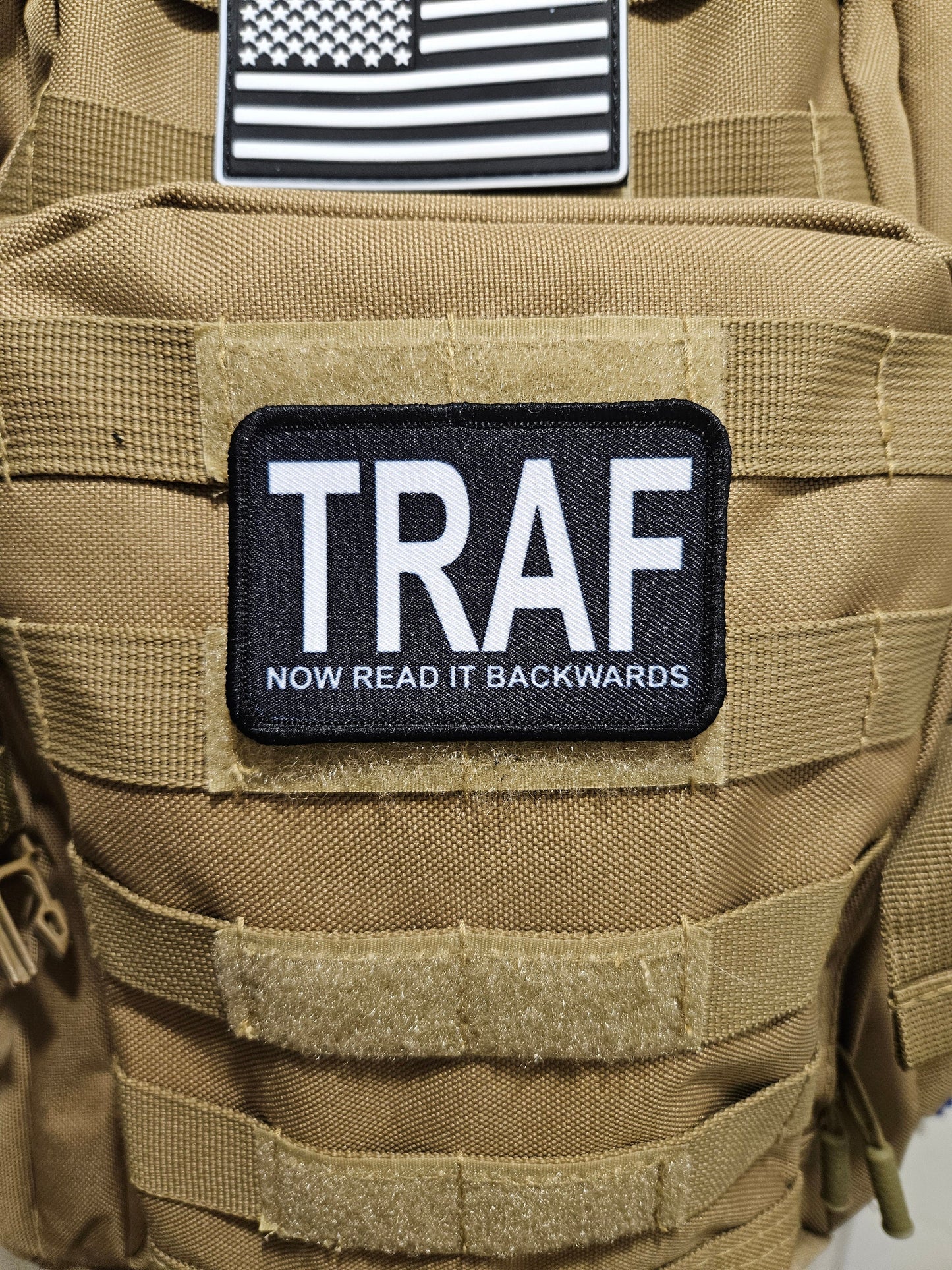 TRAF fart backwards meme 2"x3" removable morale patch with hook and loop backing