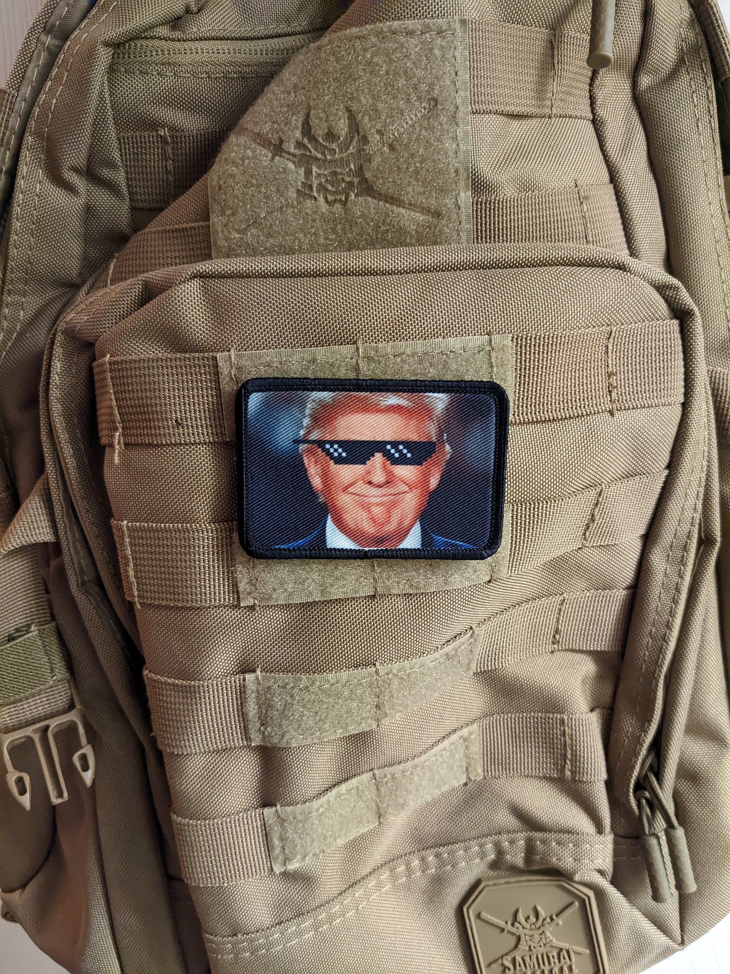 donald deal with it sunglasses meme funny 2"x3" morale patch with hook and loop backing green background