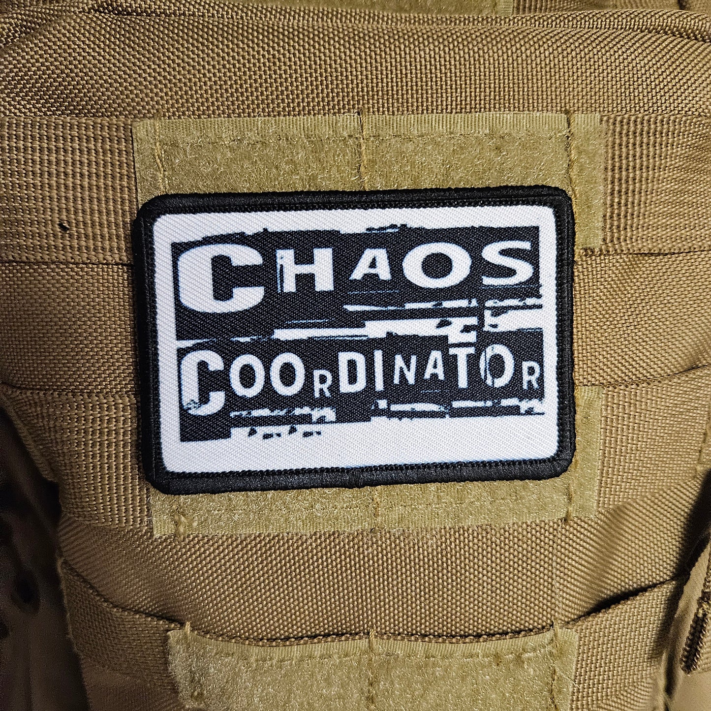 Chaos coordinator funny patch 2" x3" inch morale patch hook and loop backing black and white