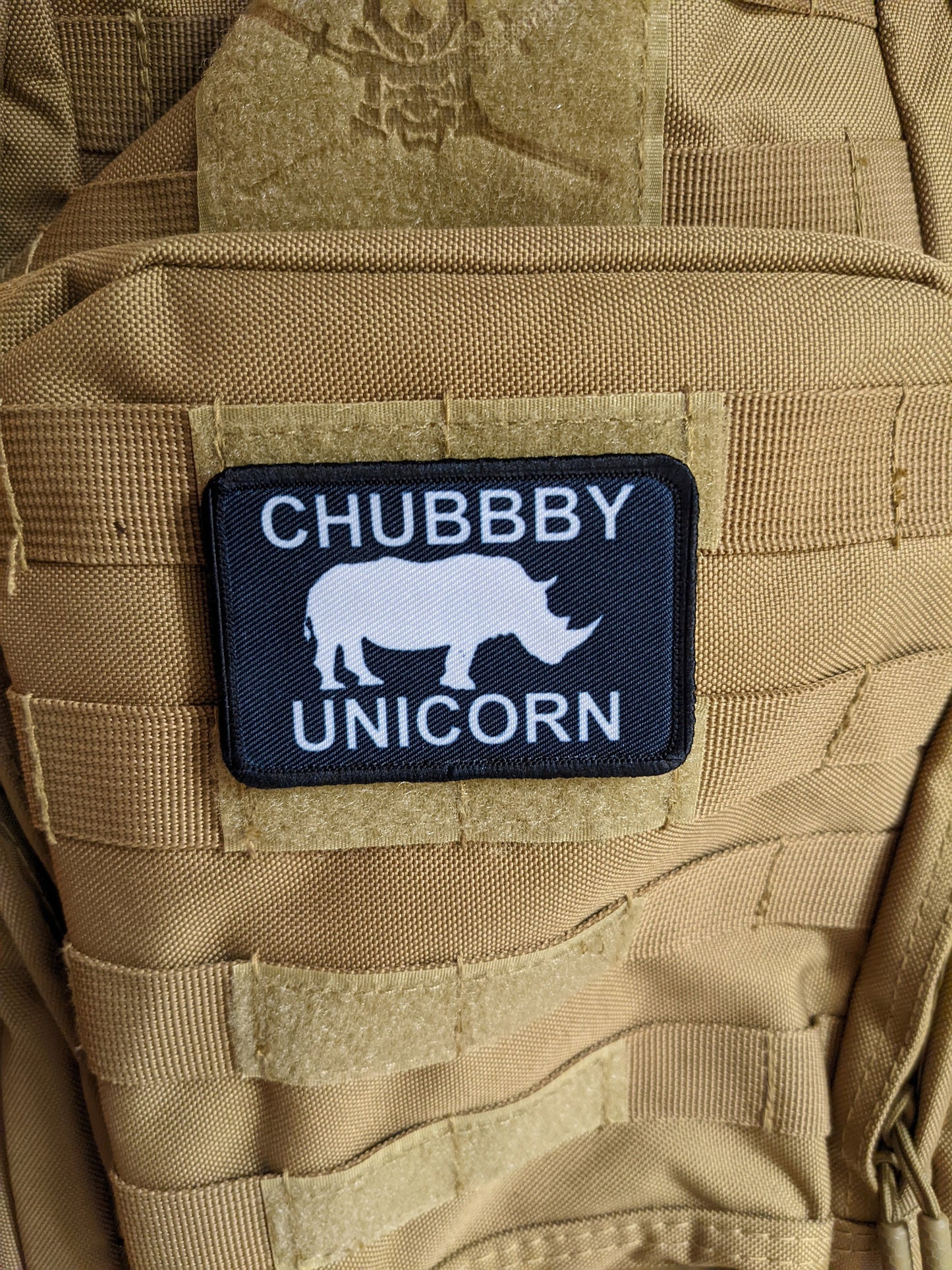 Chubby unicorn rhino rhinoceros meme 2"x3" removable morale patch with hook and loop backing