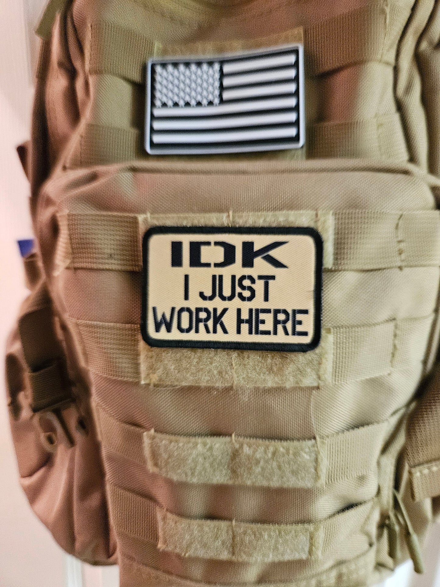 Idk i just work here funny meme edc tan 2"x3" morale patch with hook and loop backing military joke meme