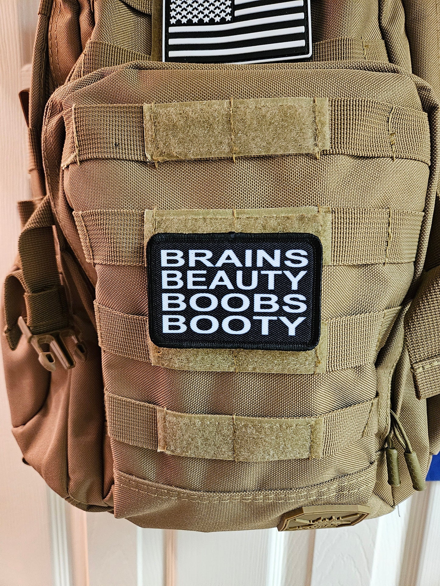 Brains beauty boobs booty women empowerment meme 2"x3" removable morale patch with hook and loop backing