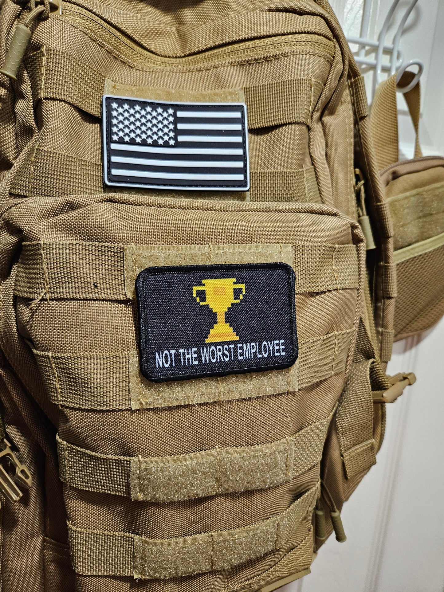 Not the worst employee trophy patch 2"x3" morale patch with hook and loop backing tan