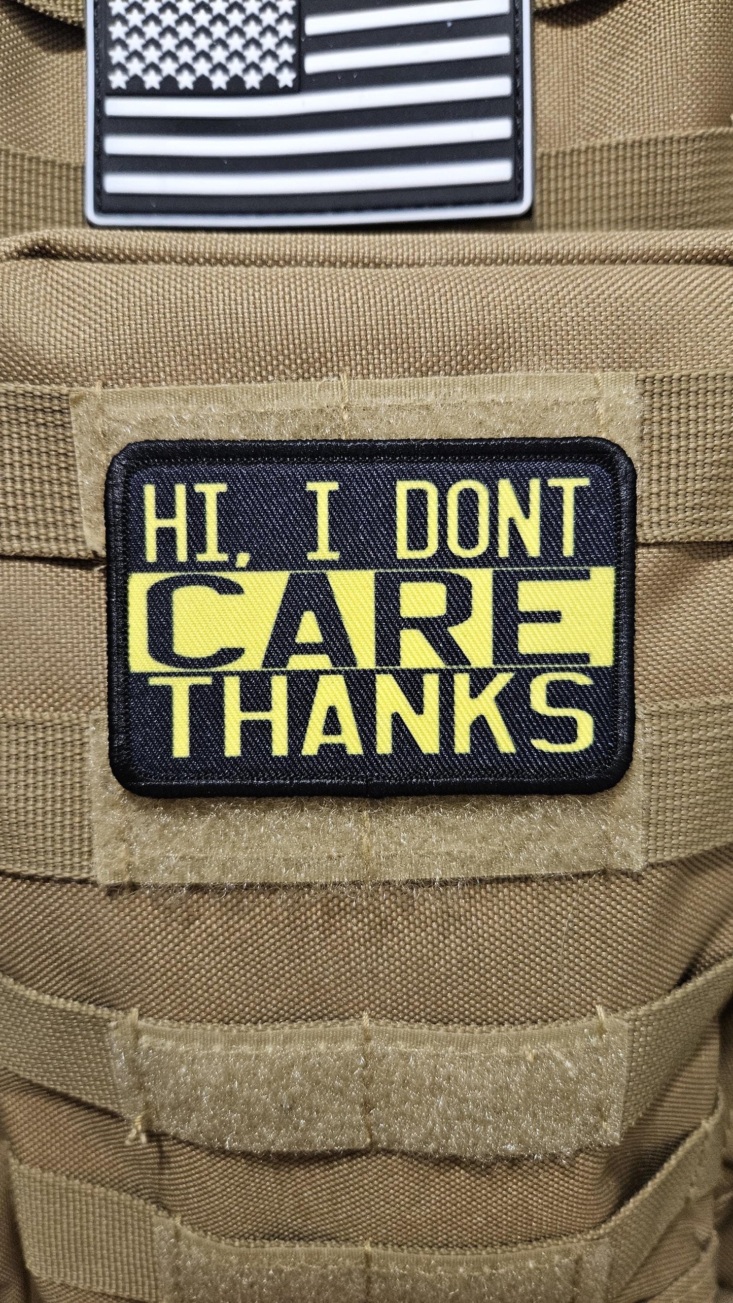 I don't care thanks meme sarcastic removable patch 2"x3" morale patch with hook and loop backing