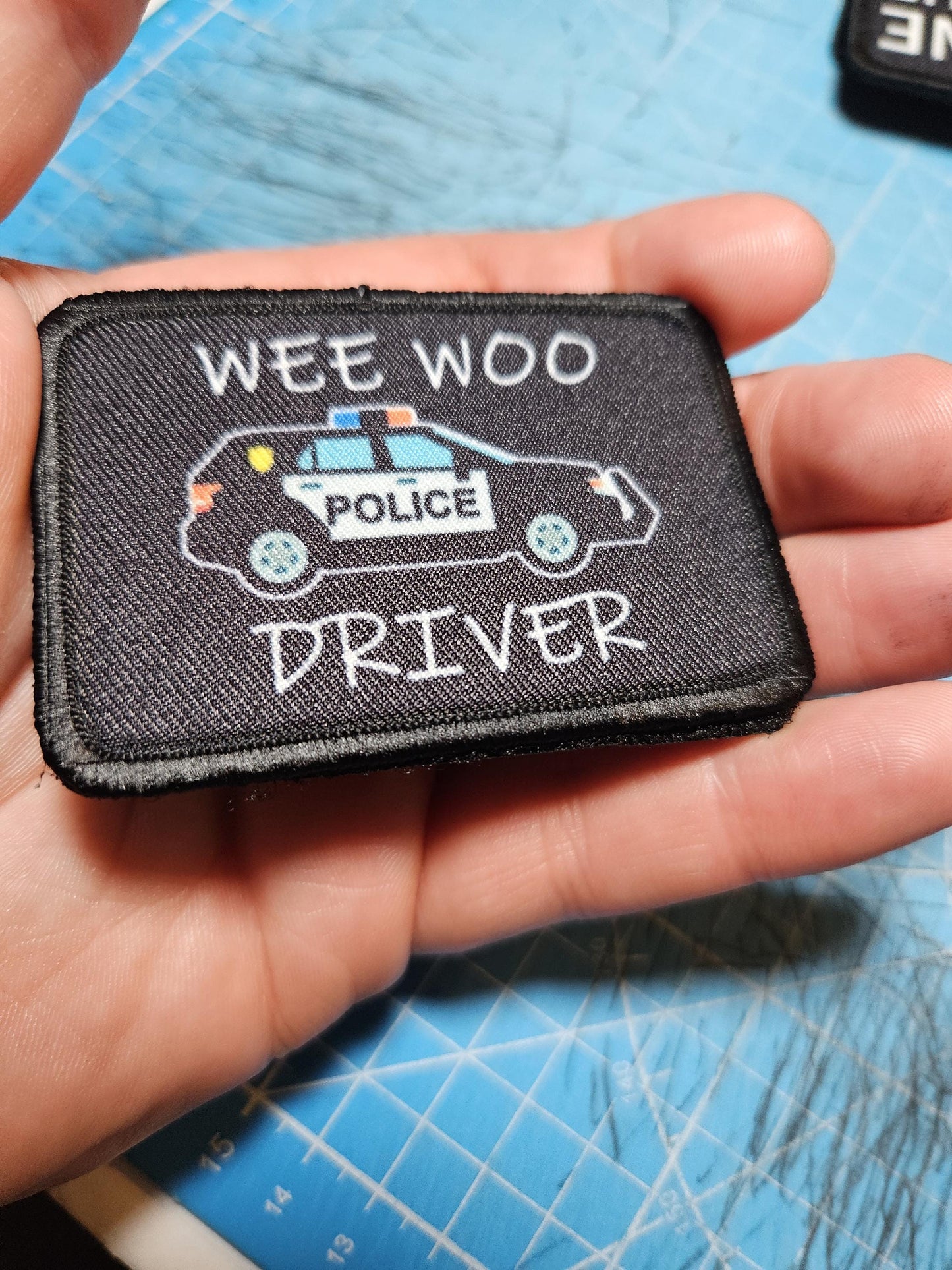 Wee woo driver police SUV driver funny 2"x3" removable morale patch with hook and loop backing