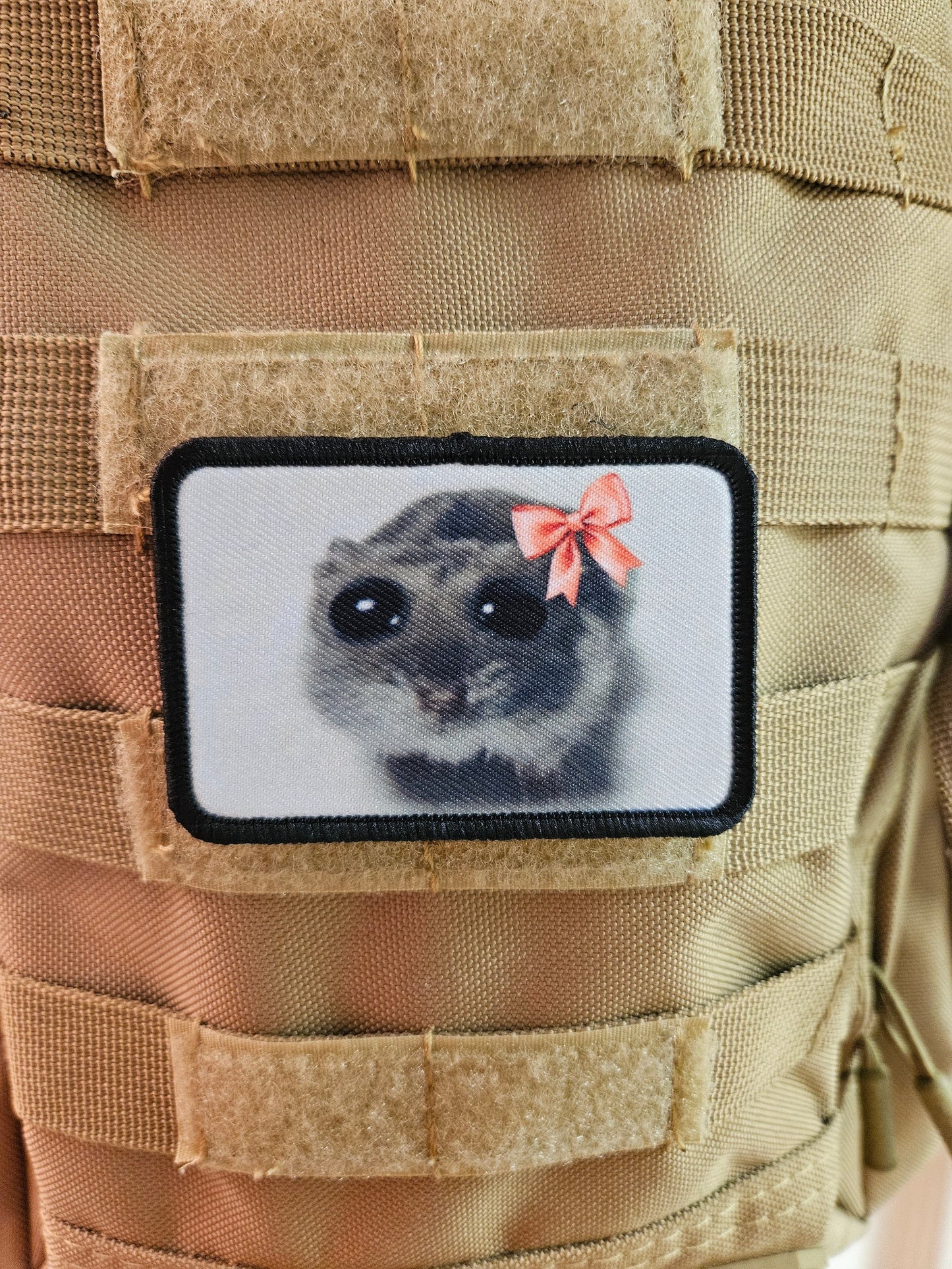 Sad hamster coquette meme 2"x3" removable morale patch with hook and loop backing