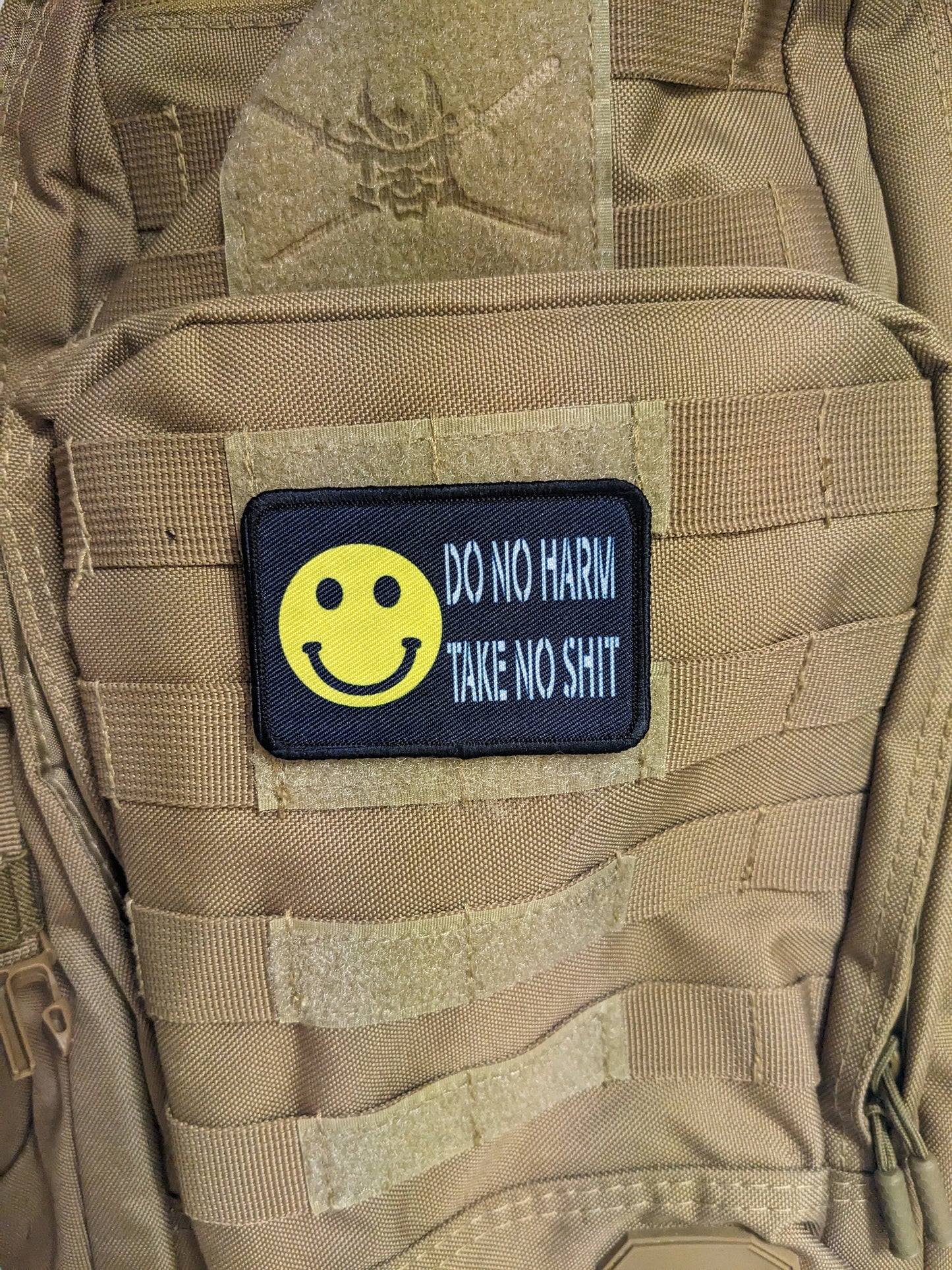 Do no harm take no shit smile meme 2"x3" morale patch with hook and loop backing