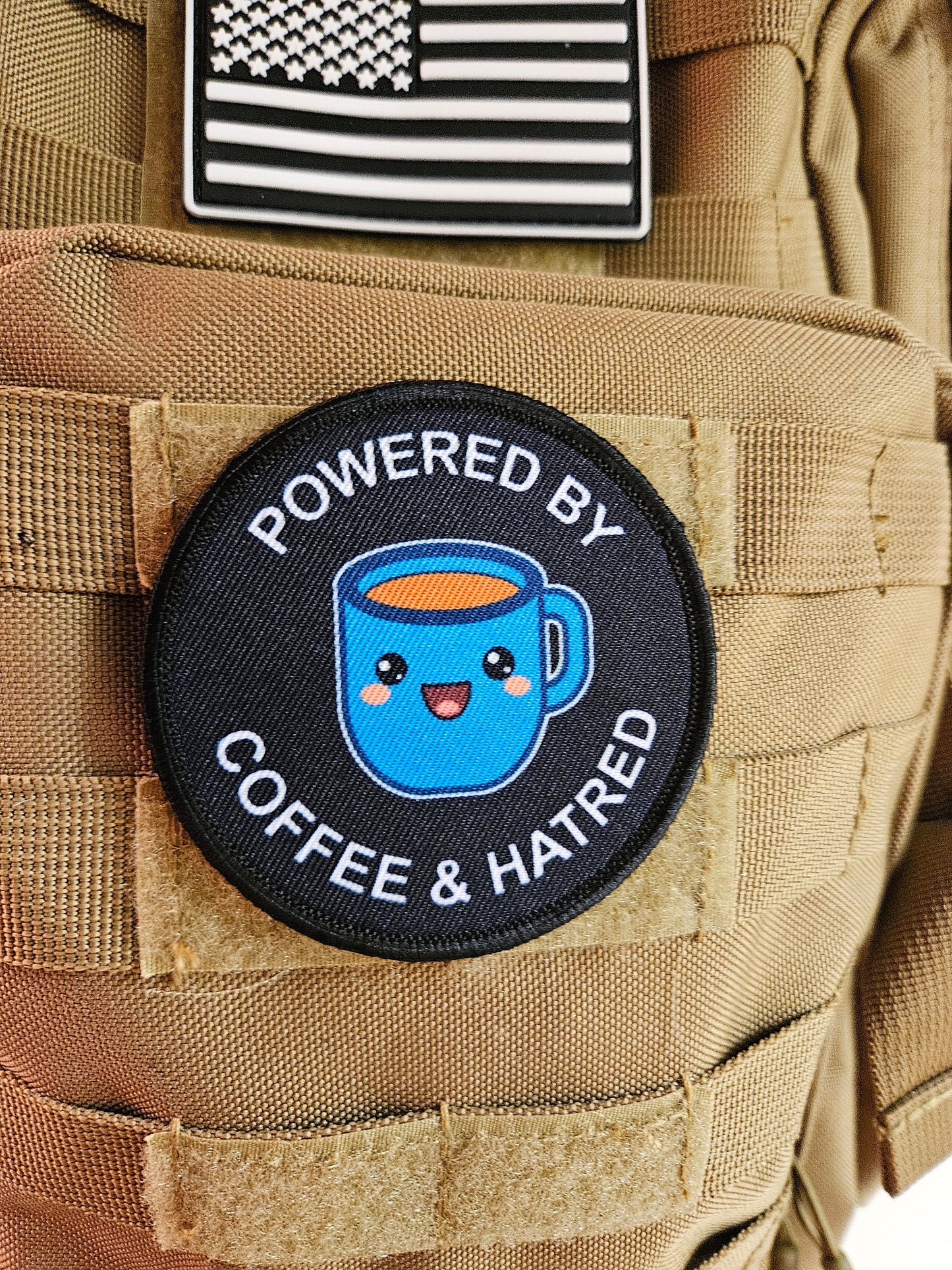 Powered by coffee and hatred meme 3" circle removable morale patch with hook and loop backing