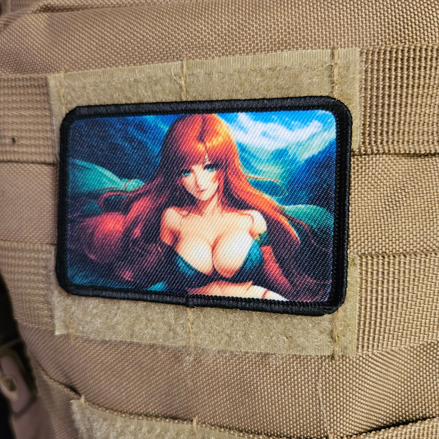 Redhead waifu Sexy Anime girl cleavage bikini 2"x3" removable morale patch with hook and loop backing