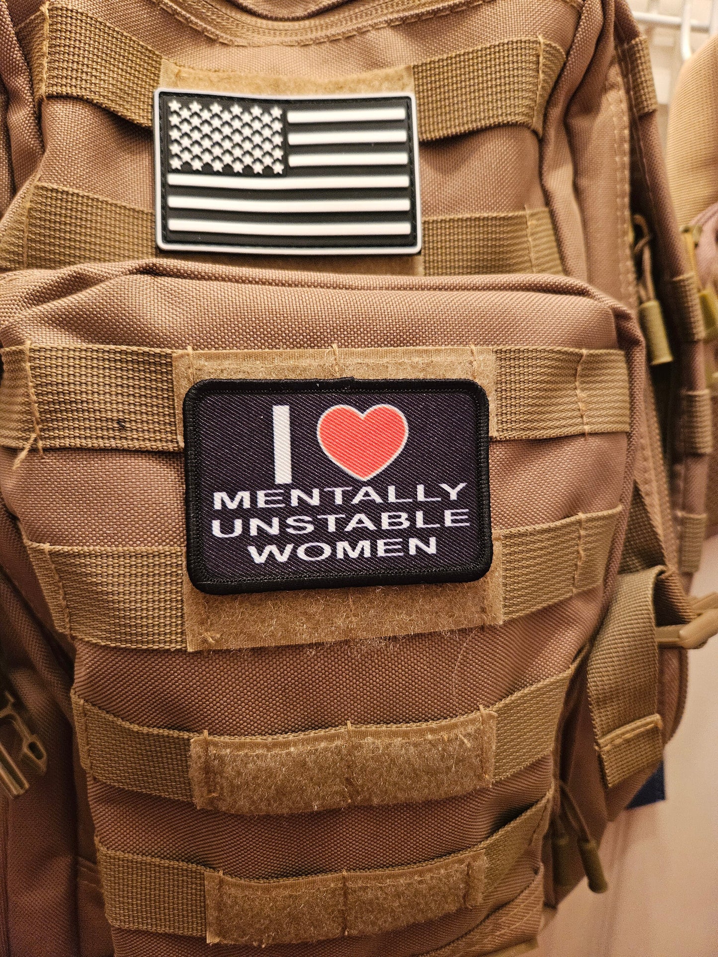 I love mentally unstable women 2"x3" morale patch with hook and loop backing military joke meme
