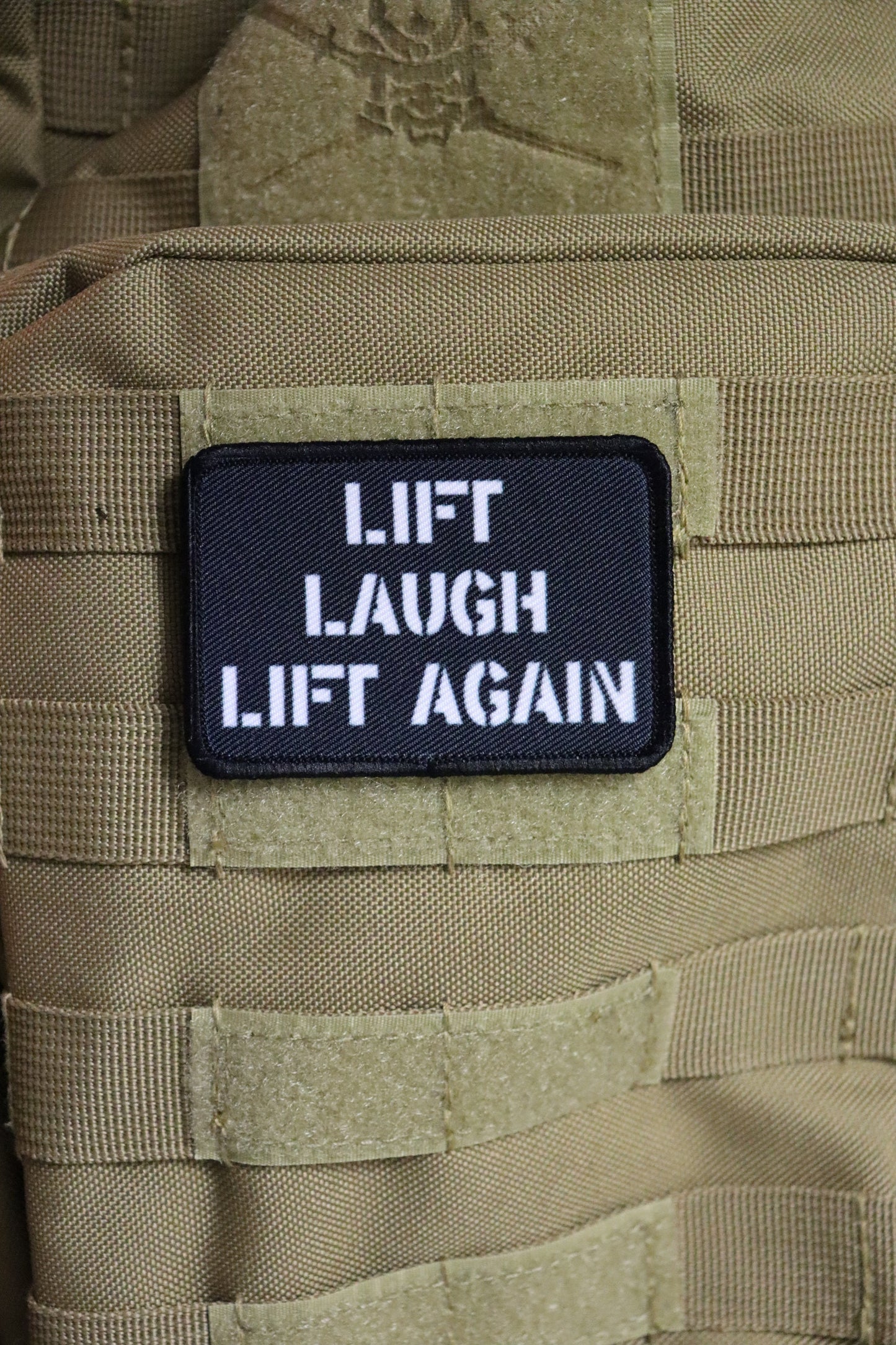lift laugh lift again weightlifting bodybuilding 2"x3" morale patch with hook and loop backing live laugh love