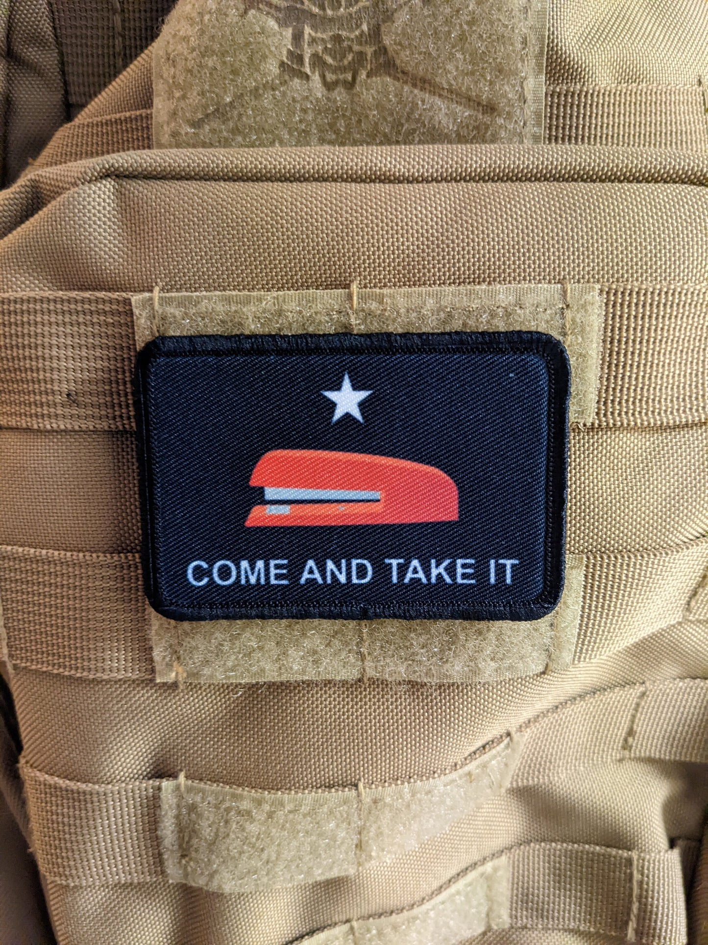 Red stapler meme Texas flag come take it meme 2"x3" removable morale patch with hook and loop backing
