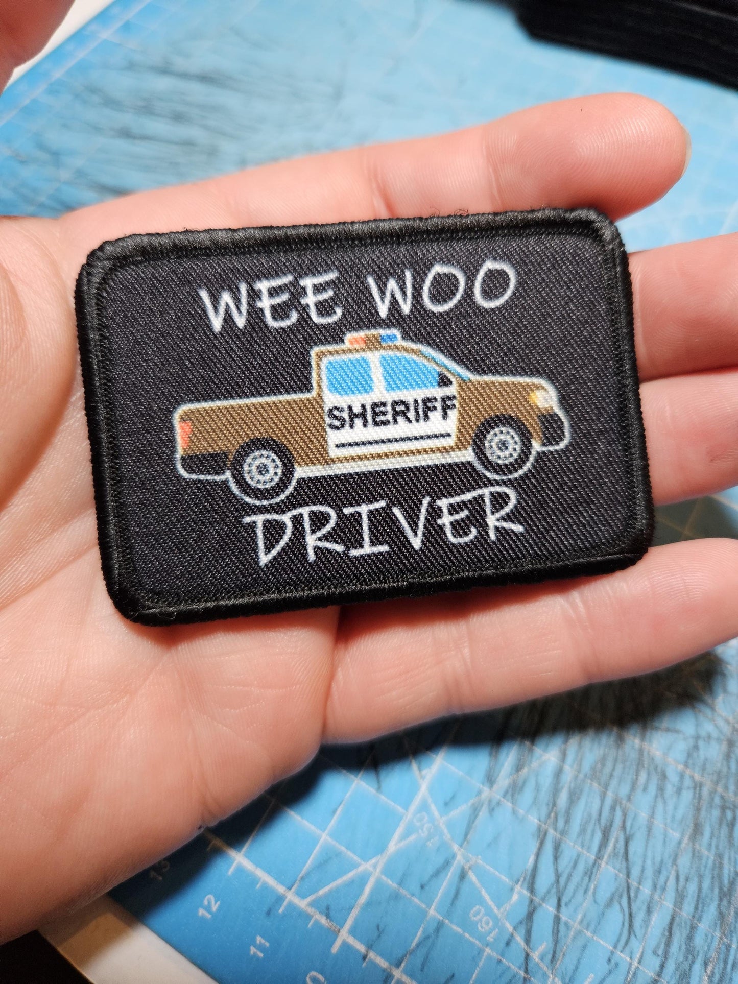 Wee woo driver sheriff pick-up brown version driver funny 2"x3" removable morale patch with hook and loop backing
