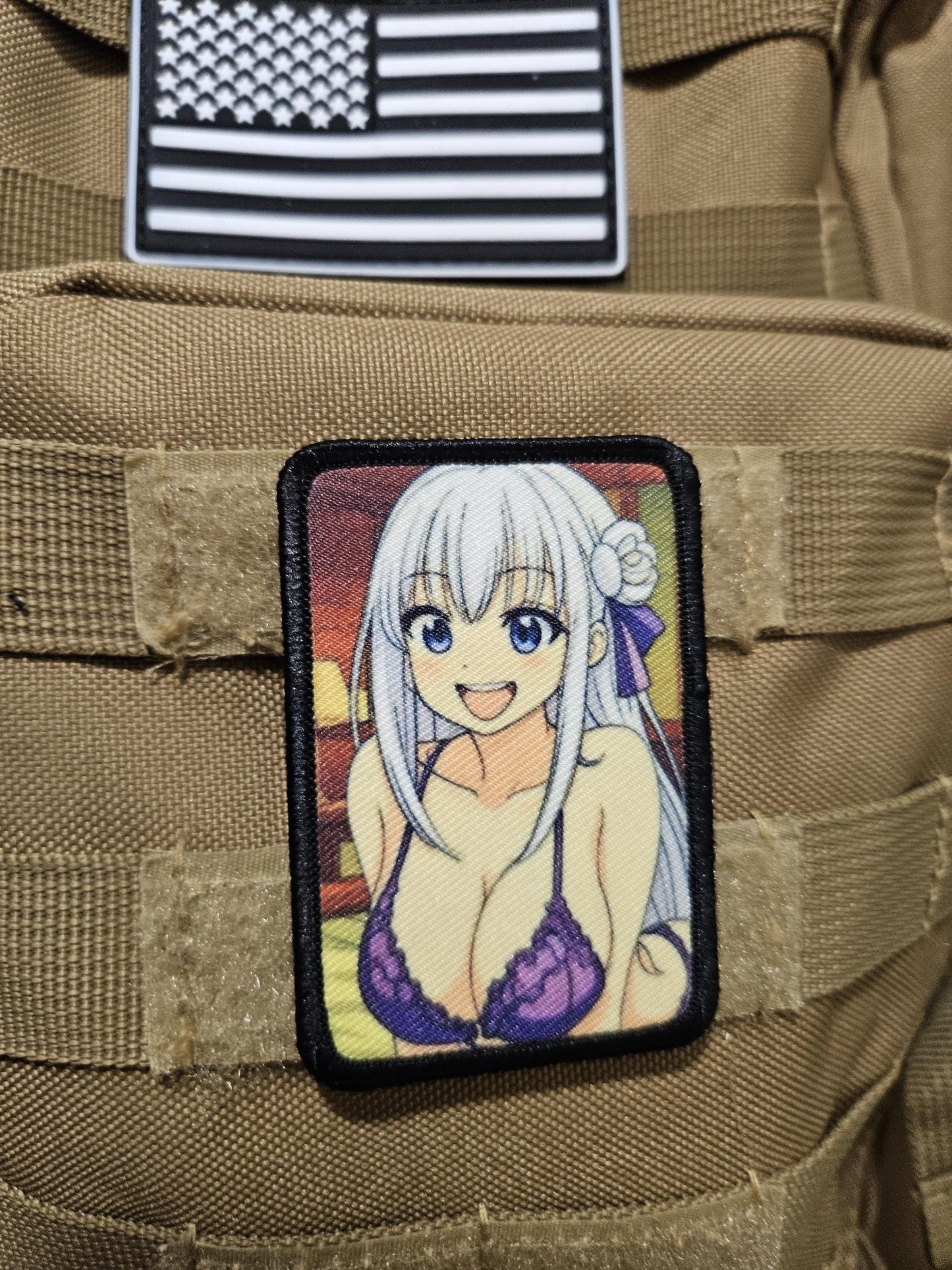 Happy Sexy Anime girl in lingerie white hair waifu 2"x3" removable morale patch with hook and loop backing