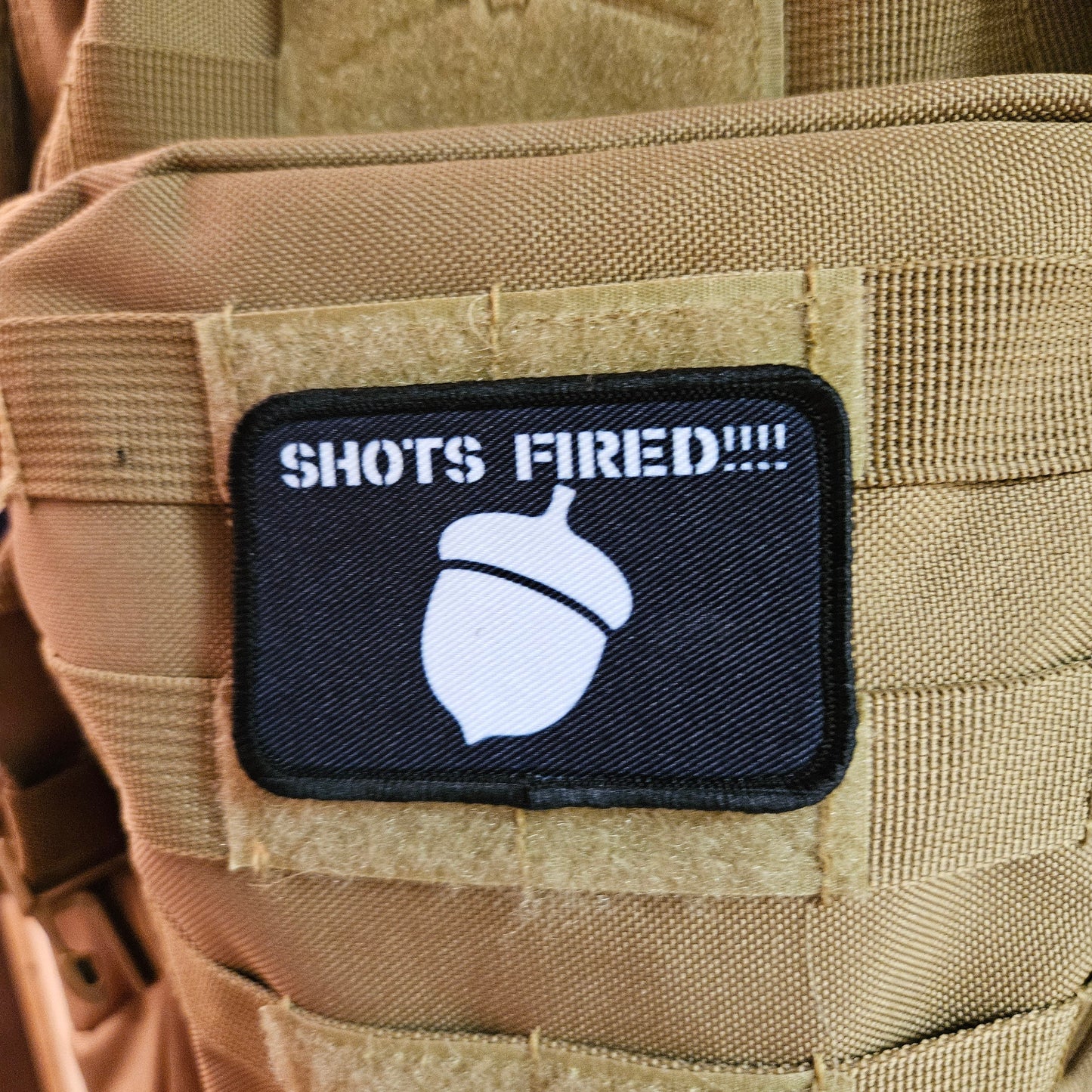 shots fired acorn meme 2"x3" removable morale patch with hook and loop backing