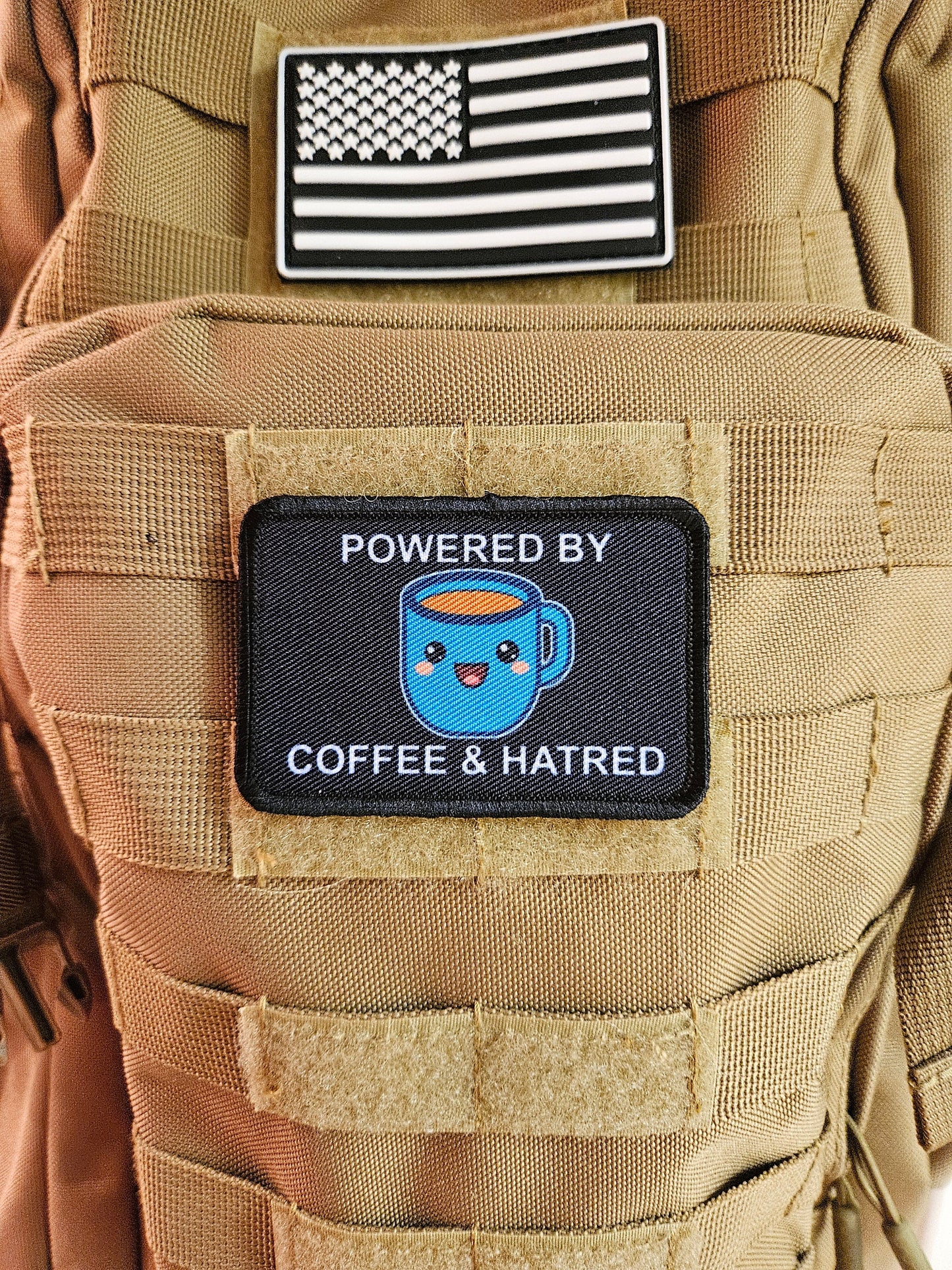 Powered by coffee and hatred meme 2"x3" removable morale patch with hook and loop backing