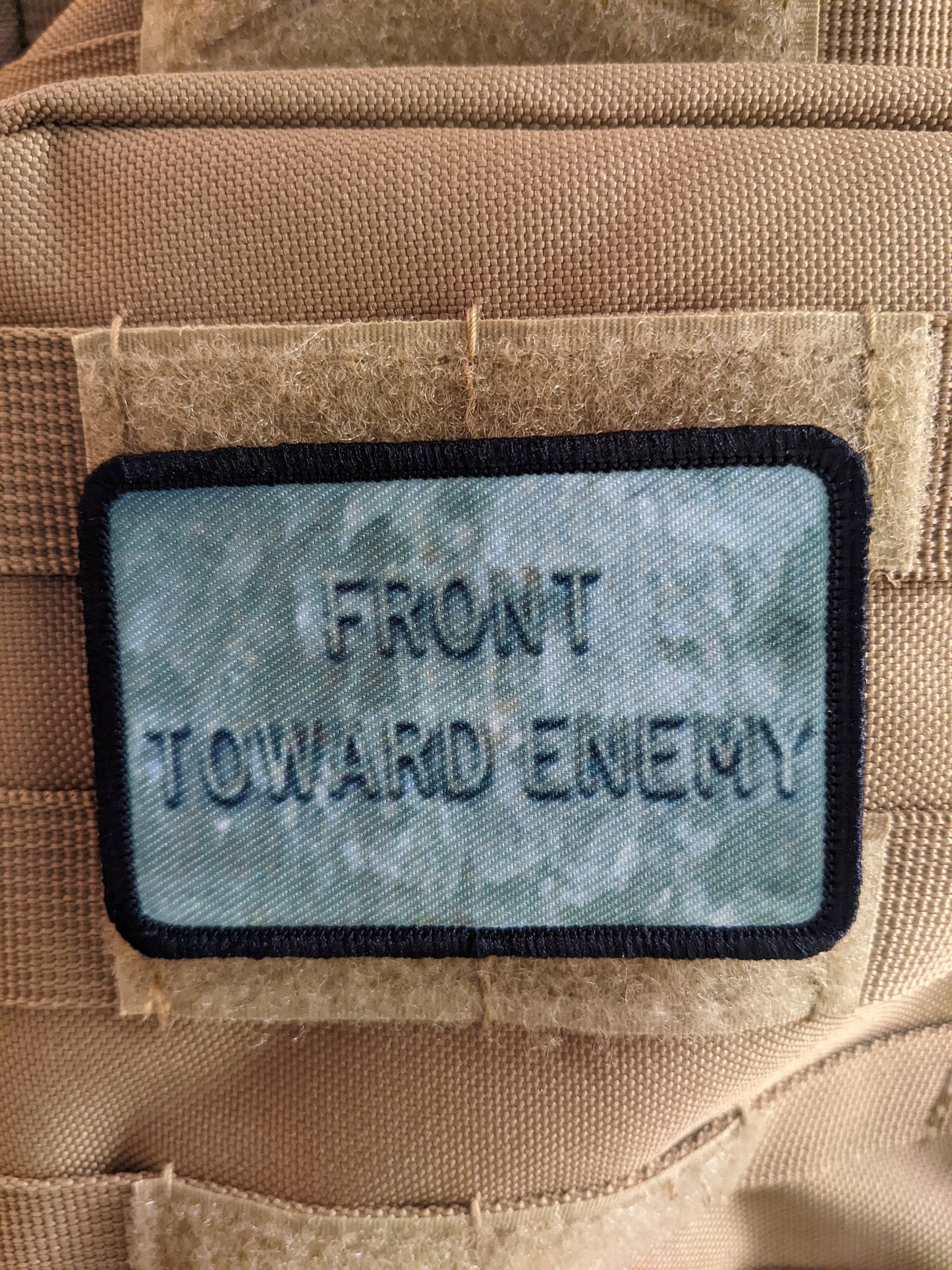 Claymore mine front towards enemy military tactical 2"x3" removable morale patch with hook and loop backing