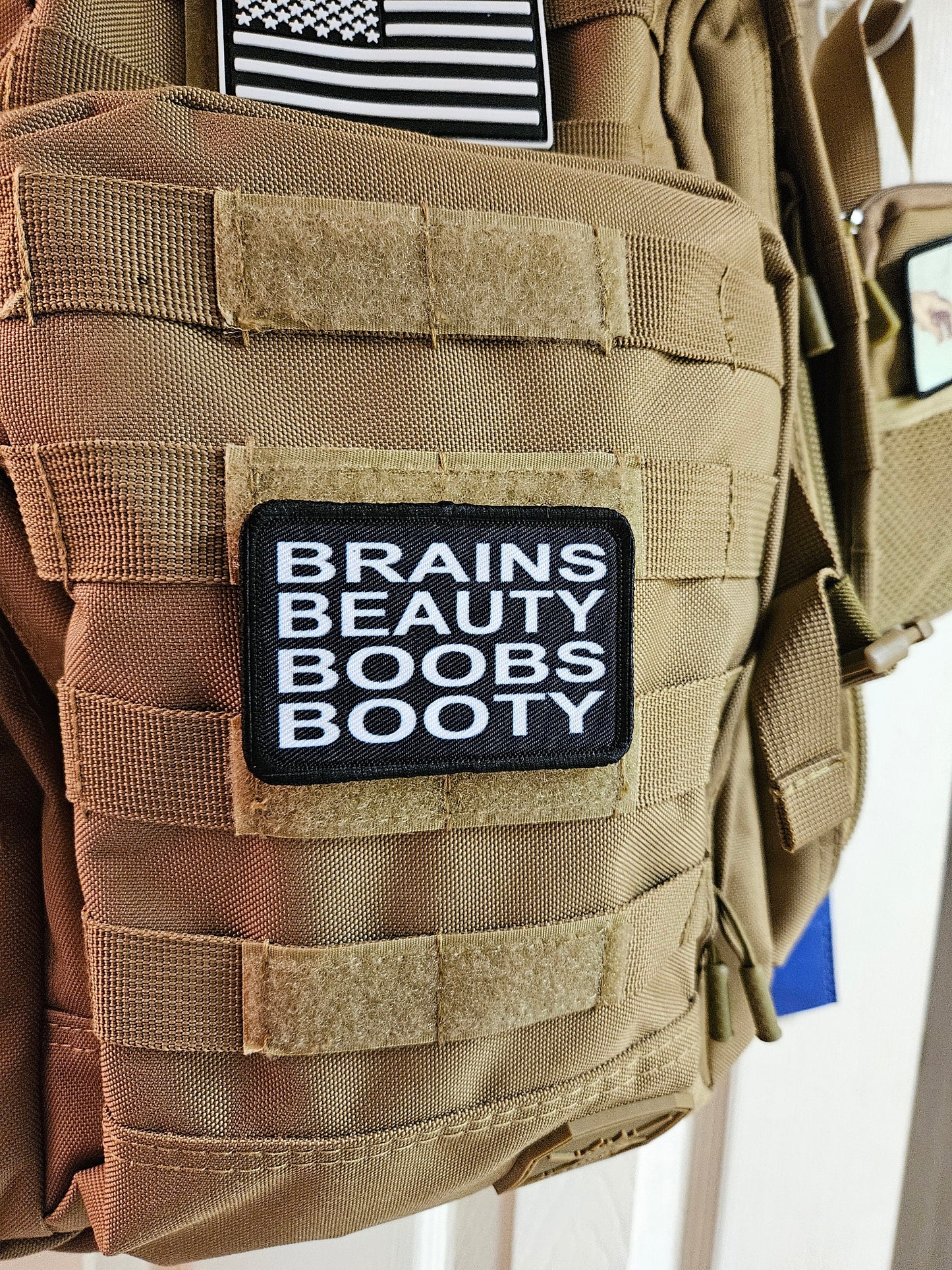 Brains beauty boobs booty women empowerment meme 2"x3" removable morale patch with hook and loop backing