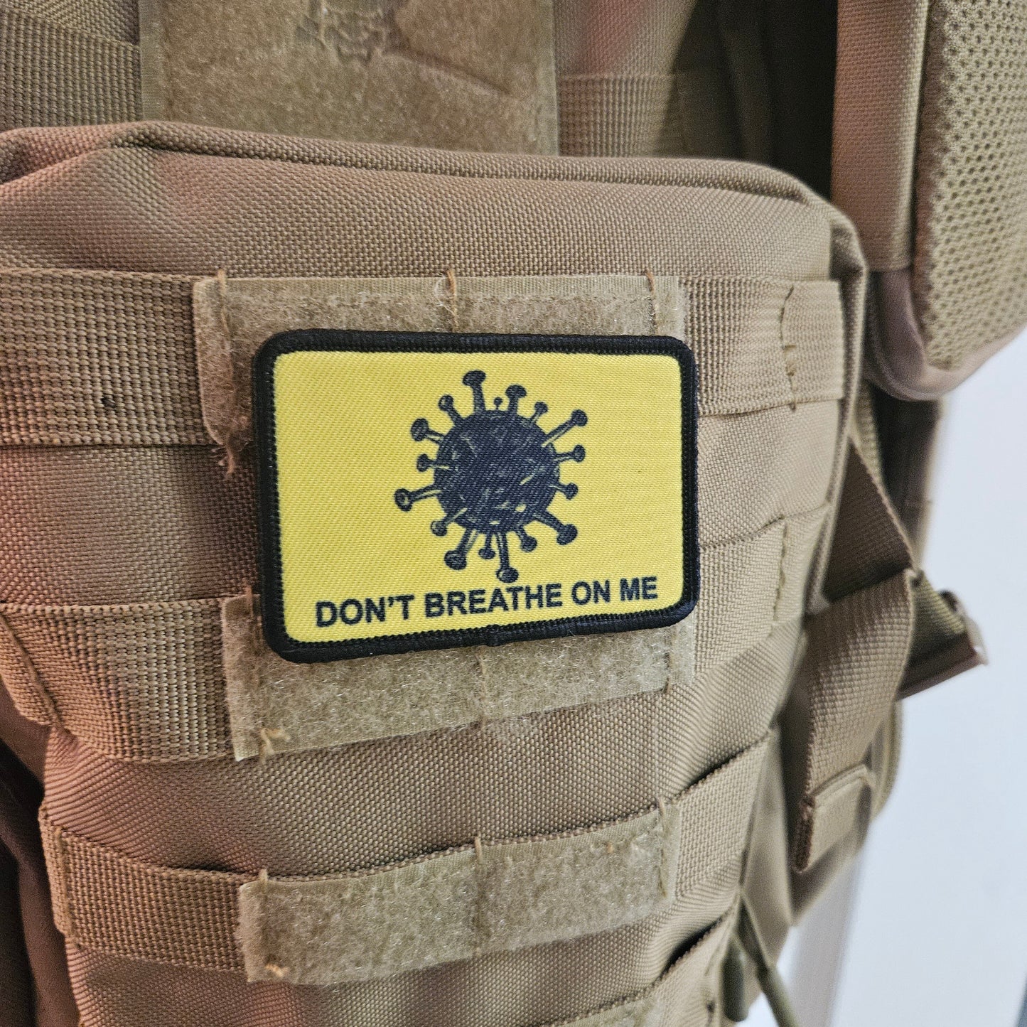Don't breathe on me Gadsden flag meme 2"x3" removable morale patch with hook and loop backing