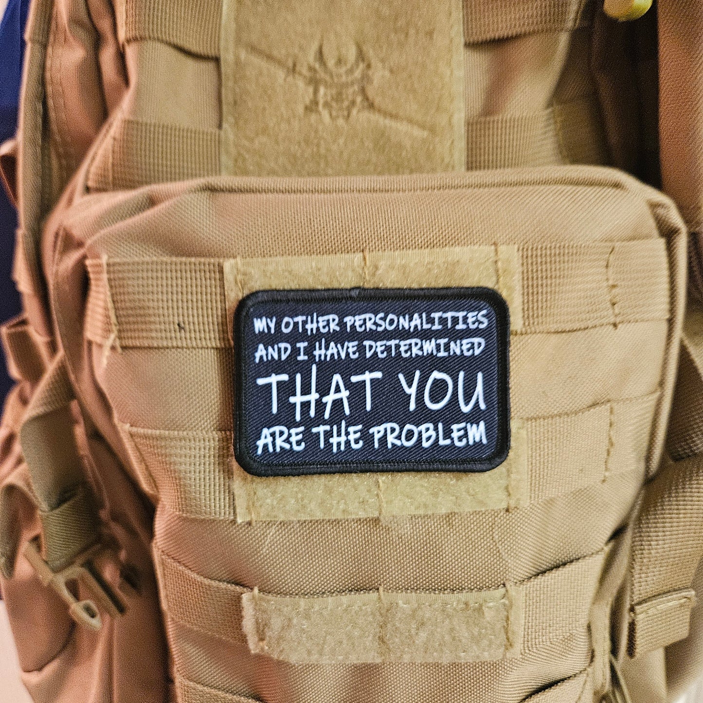 My other personalities and I have determined that you are the problem patch 2" x3" inch morale patch hook and loop backing black and white
