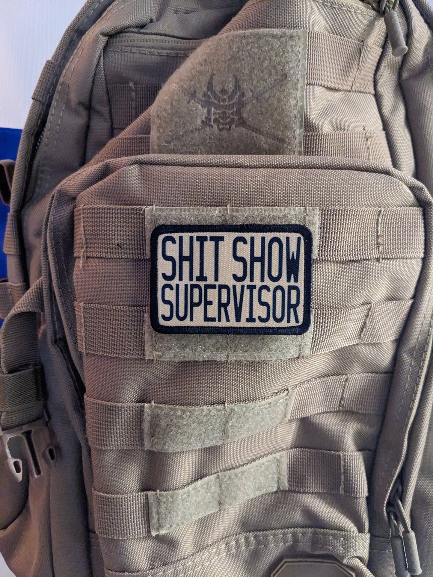 Tan Shit show supervisor funny patch 2" x3" inch morale patch hook and loop backing