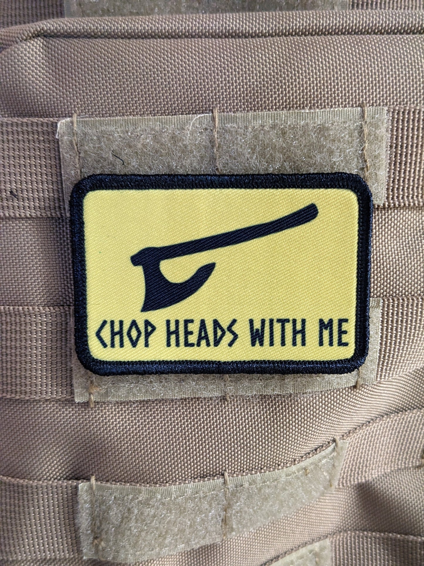 Chop heads with me Viking Norse version of Gadsden flag 2"x3" morale patch with hook and loop backing