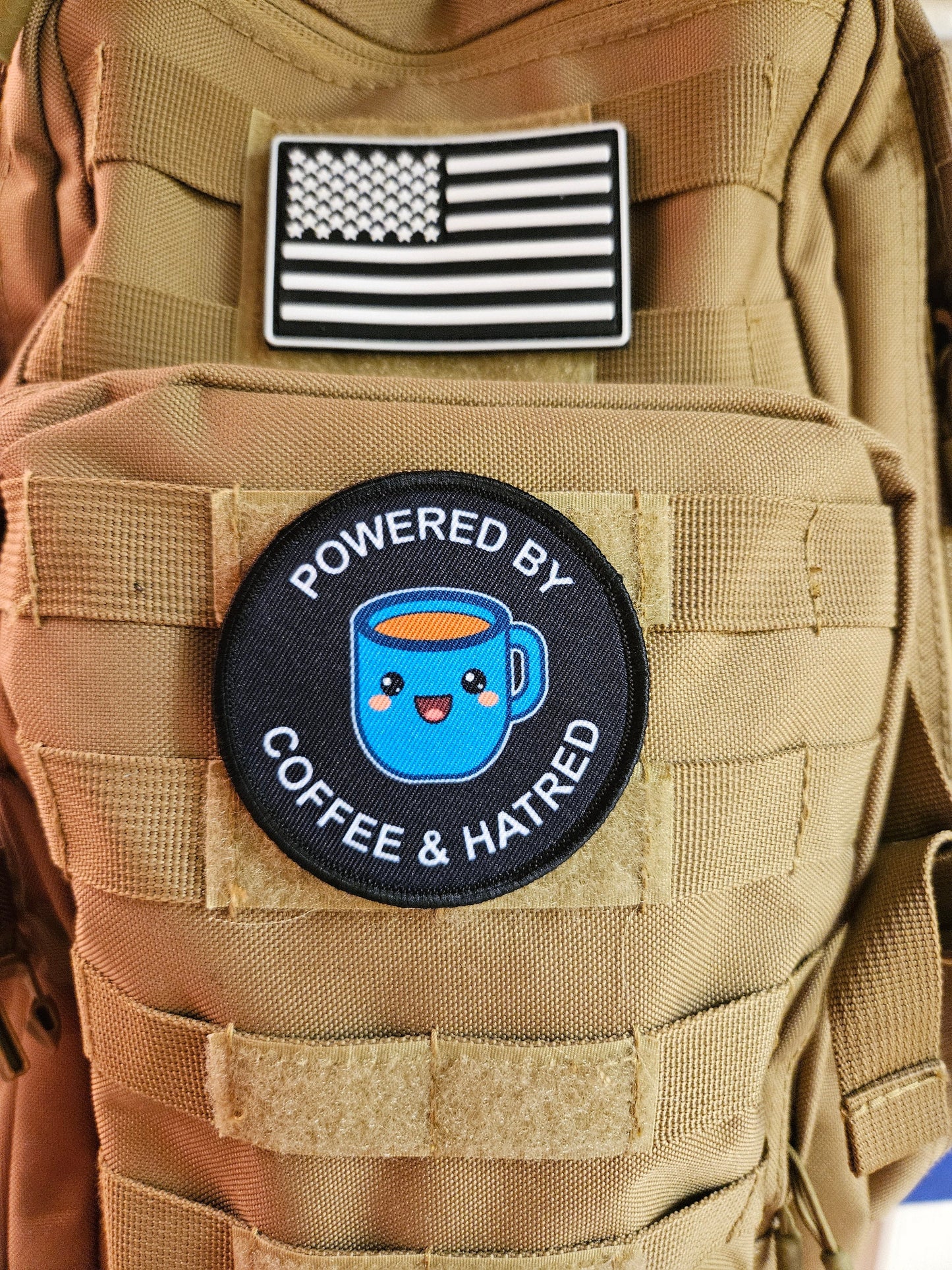 Powered by coffee and hatred meme 3" circle removable morale patch with hook and loop backing