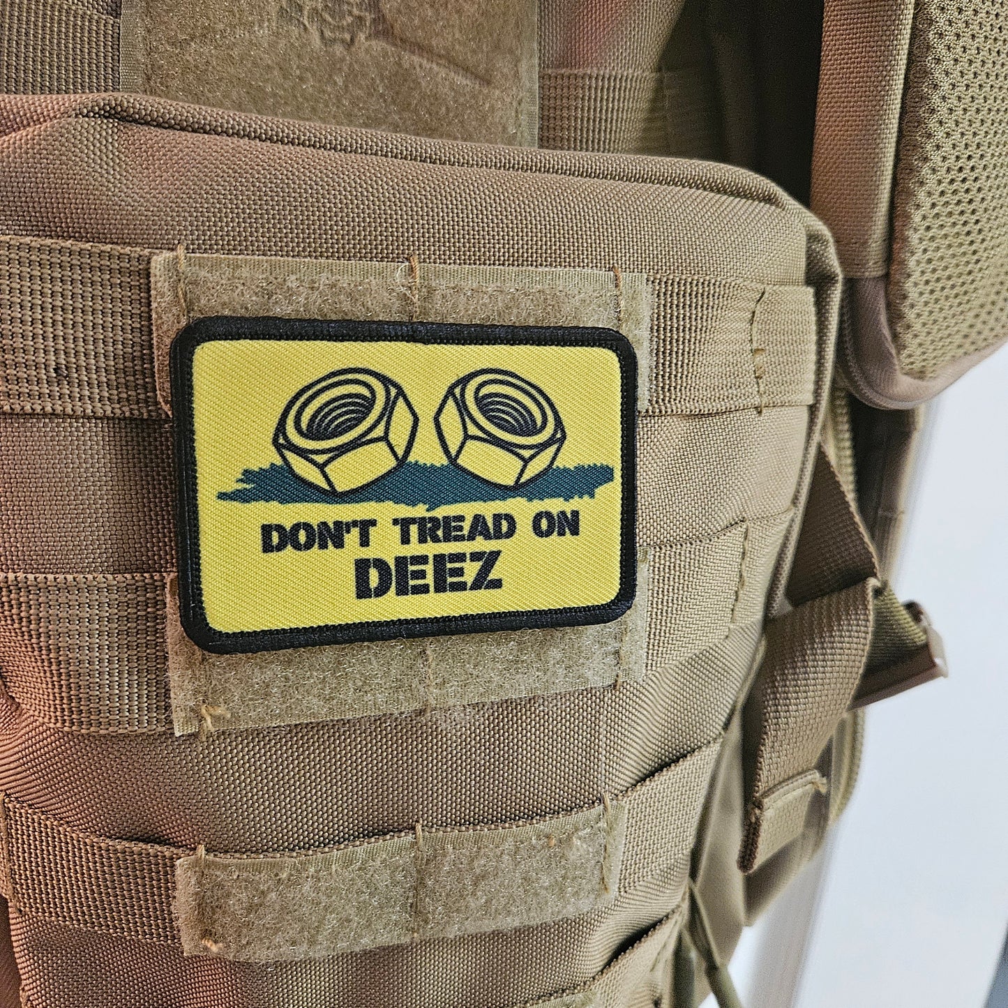 Don't tread on deez nuts and bolts Gadsden flag meme 2"x3" removable morale patch with hook and loop backing